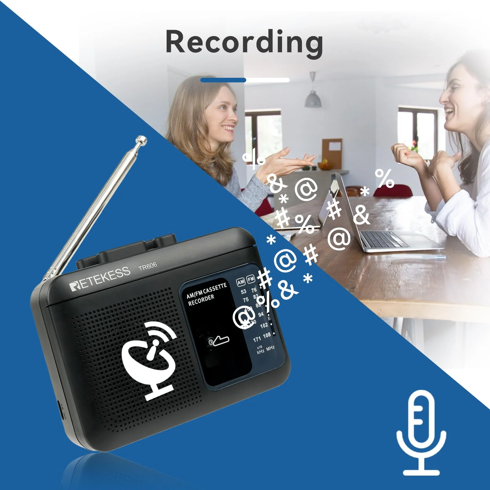 Retekess TR606 Tape Recorder Cassette Player, AM FM Cassette Players, Supports Voice/AUX Line in Record, Powered by DC or AA Battery (Black) Black - Image 6