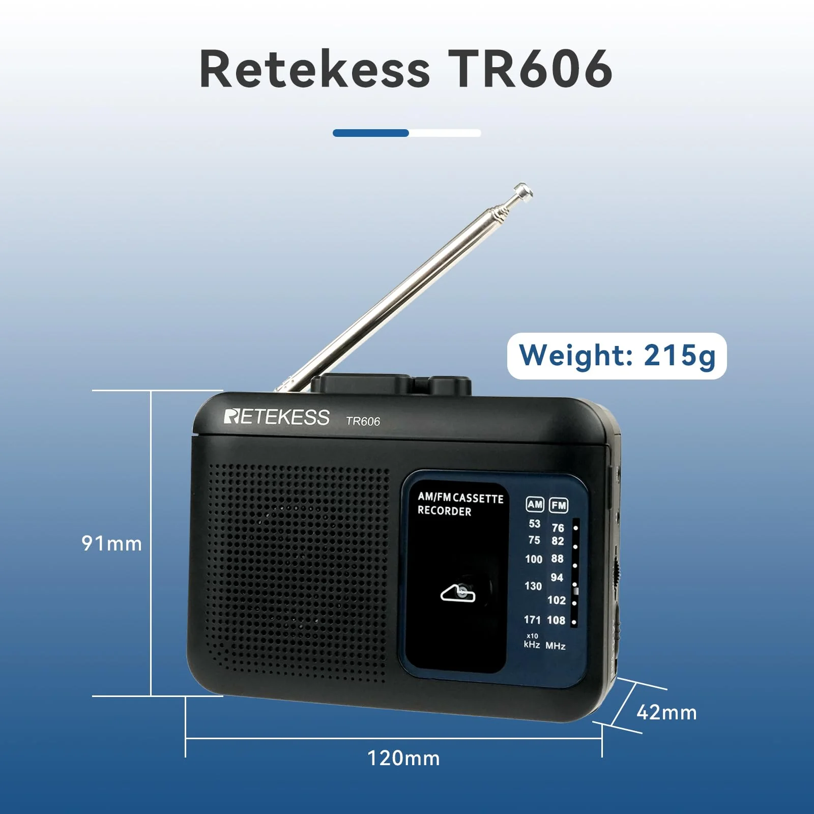 Retekess TR606 Tape Recorder Cassette Player, AM FM Cassette Players, Supports Voice/AUX Line in Record, Powered by DC or AA Battery (Black) Black - Image 8