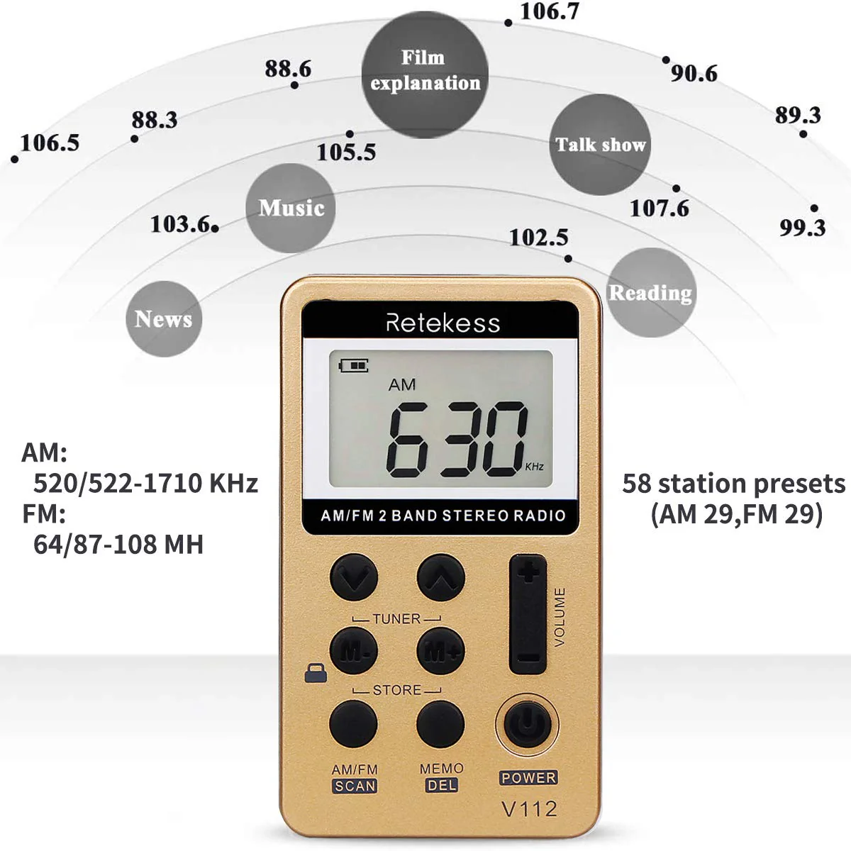 Retekess V112 AM FM Radio Portable, Mini Radio,Digital Tuning Rechargeable Battery LCD Display for Walking Jogging(Gold) Gold - Image 3