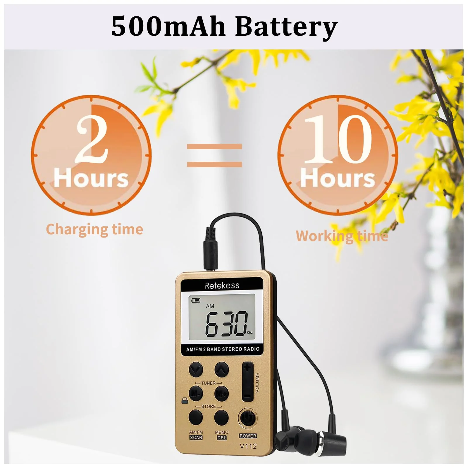 Retekess V112 AM FM Radio Portable, Mini Radio,Digital Tuning Rechargeable Battery LCD Display for Walking Jogging(Gold) Gold - Image 5