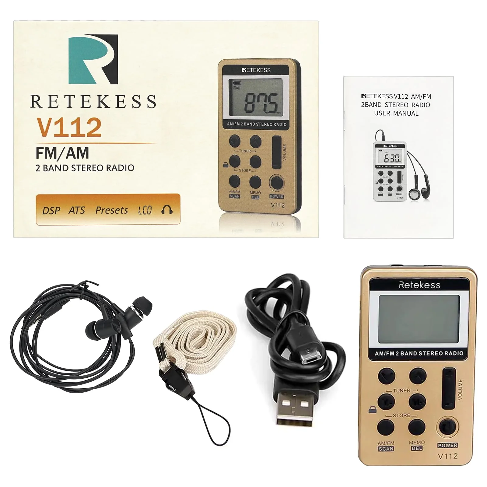 Retekess V112 AM FM Radio Portable, Mini Radio,Digital Tuning Rechargeable Battery LCD Display for Walking Jogging(Gold) Gold - Image 6