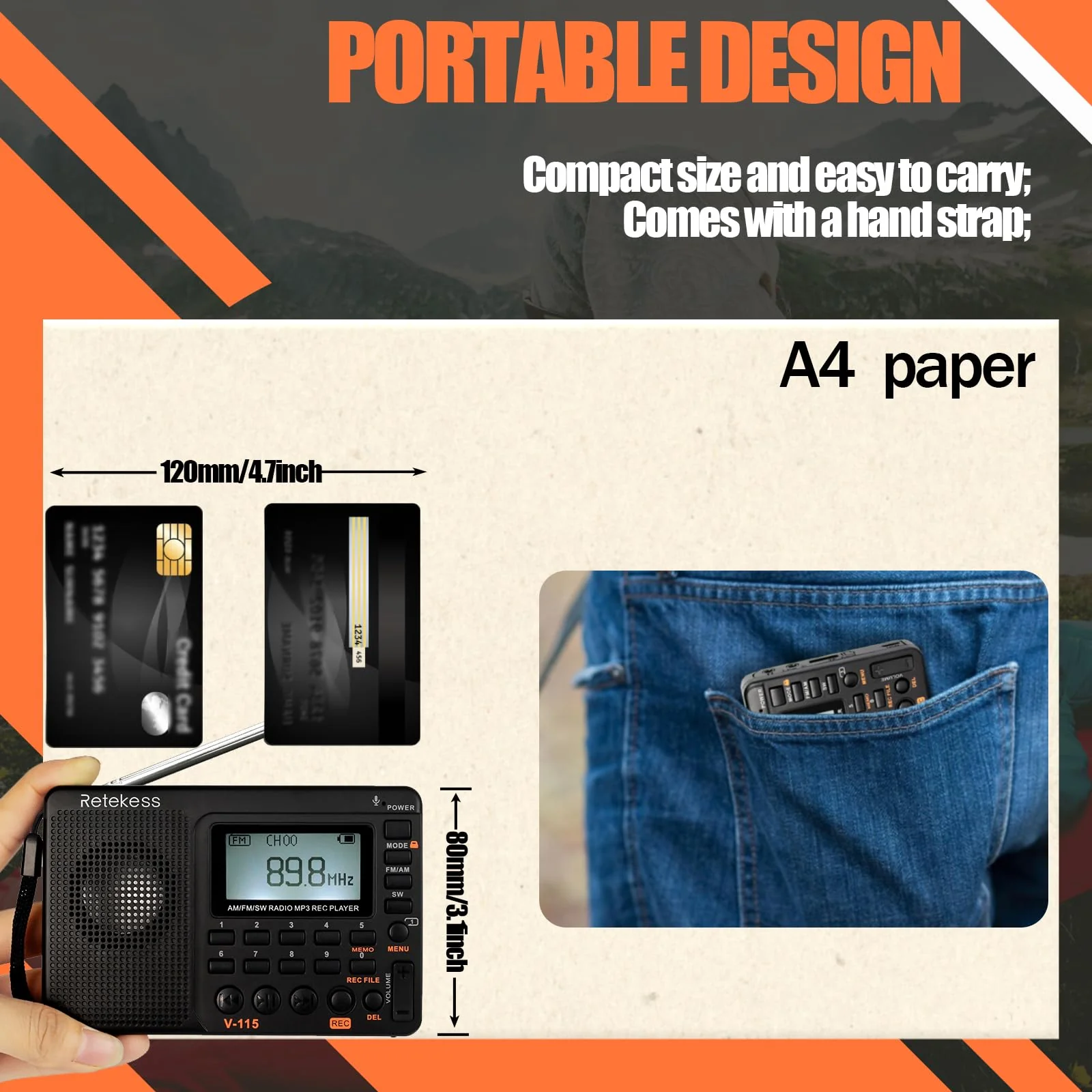 Retekess V115 Shortwave Radio, Digital Radio AM FM, Shortwave Receiver with 1000mAh Rechargeable Battery, Presets, TF/AUX Playback and Recording, Bass Speaker, for Camping AM FM SW - Image 2