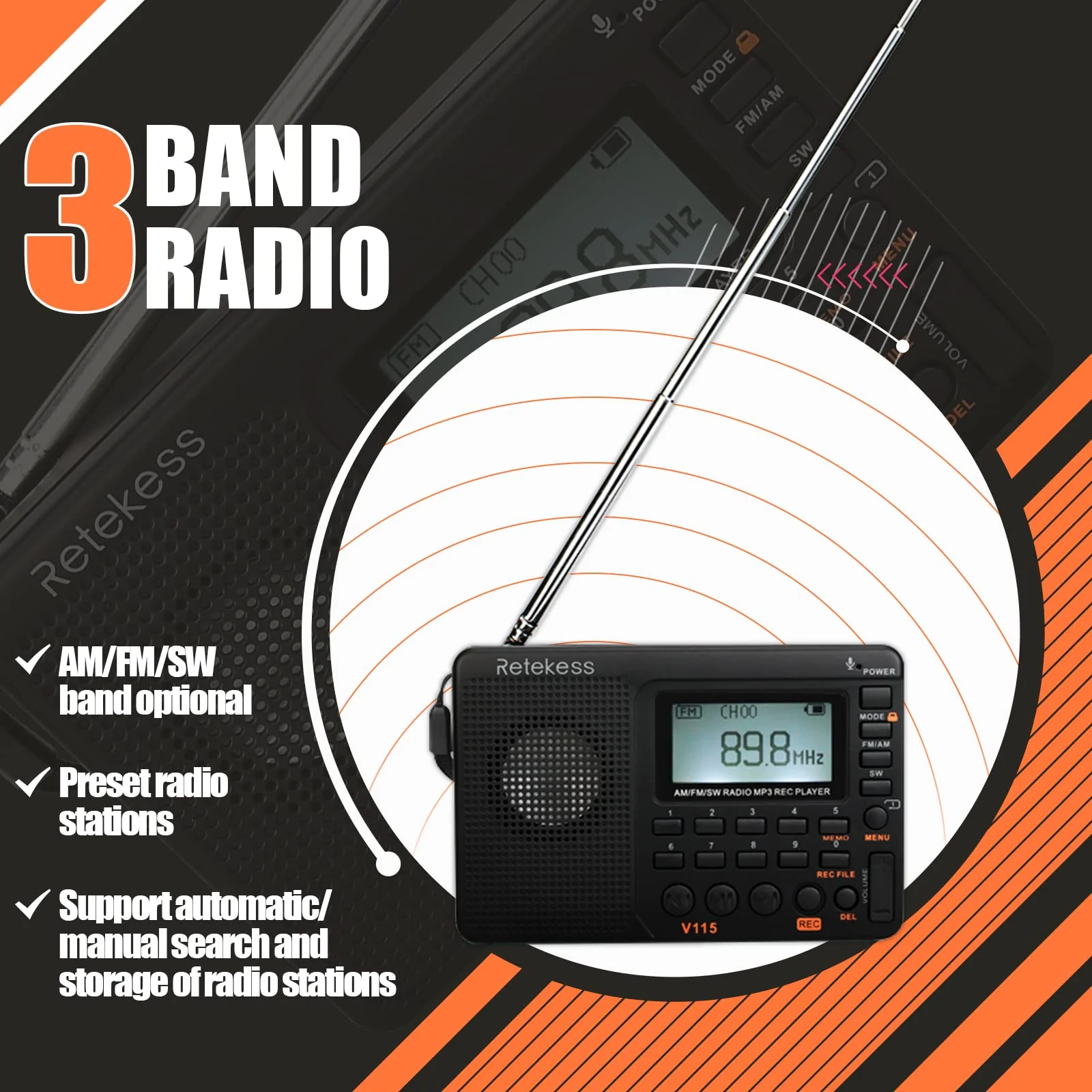 Retekess V115 Shortwave Radio, Digital Radio AM FM, Shortwave Receiver with 1000mAh Rechargeable Battery, Presets, TF/AUX Playback and Recording, Bass Speaker, for Camping AM FM SW - Image 3