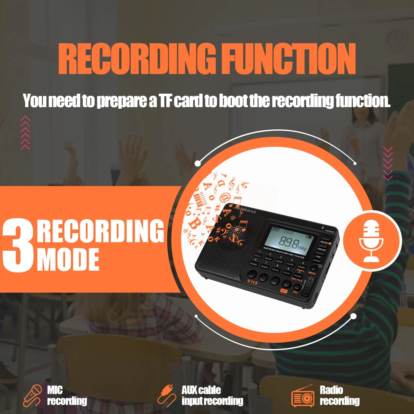 Retekess V115 Shortwave Radio, Digital Radio AM FM, Shortwave Receiver with 1000mAh Rechargeable Battery, Presets, TF/AUX Playback and Recording, Bass Speaker, for Camping AM FM SW - Image 5