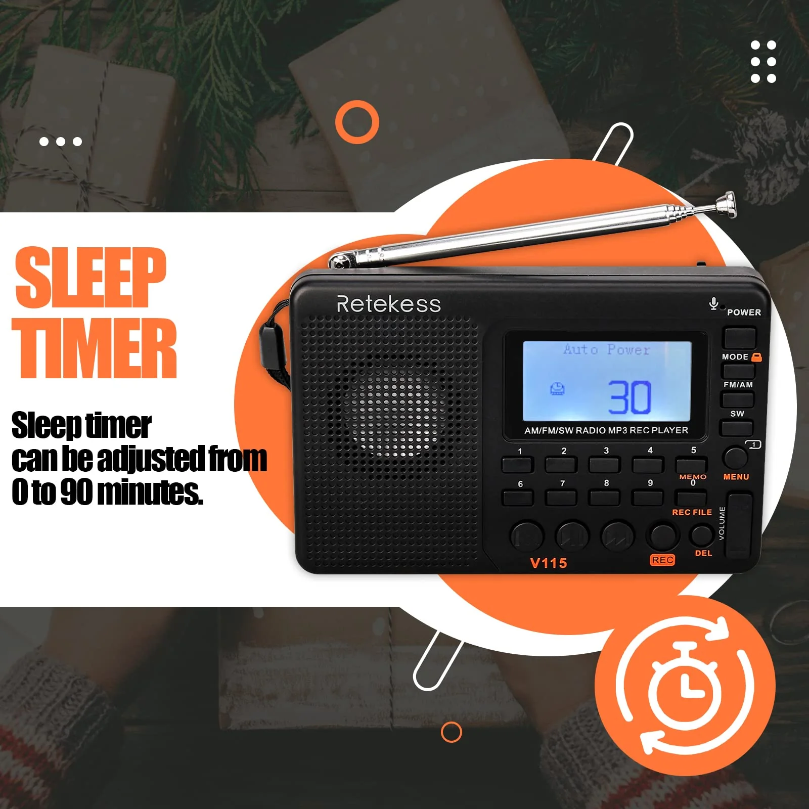 Retekess V115 Shortwave Radio, Digital Radio AM FM, Shortwave Receiver with 1000mAh Rechargeable Battery, Presets, TF/AUX Playback and Recording, Bass Speaker, for Camping AM FM SW - Image 8