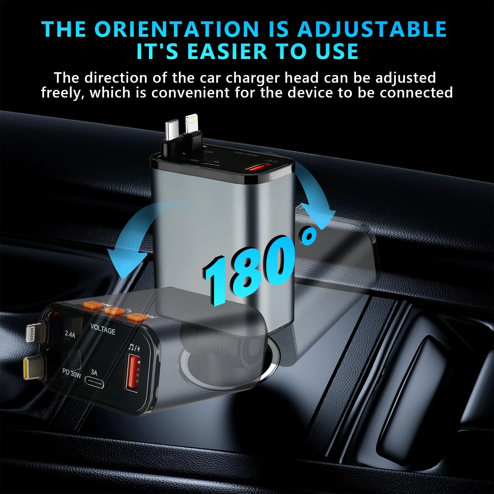 Retractable Car Charger,5 in 1 Fast Cars Phone Charger 60w,Bluetooth 5.3 FM Transmitter Adapter,Handsfree Call,MP3 Player,2 Retractable Cables and USB Chargers, for Phone,Galaxy,Pixel (Black) Black - Image 2