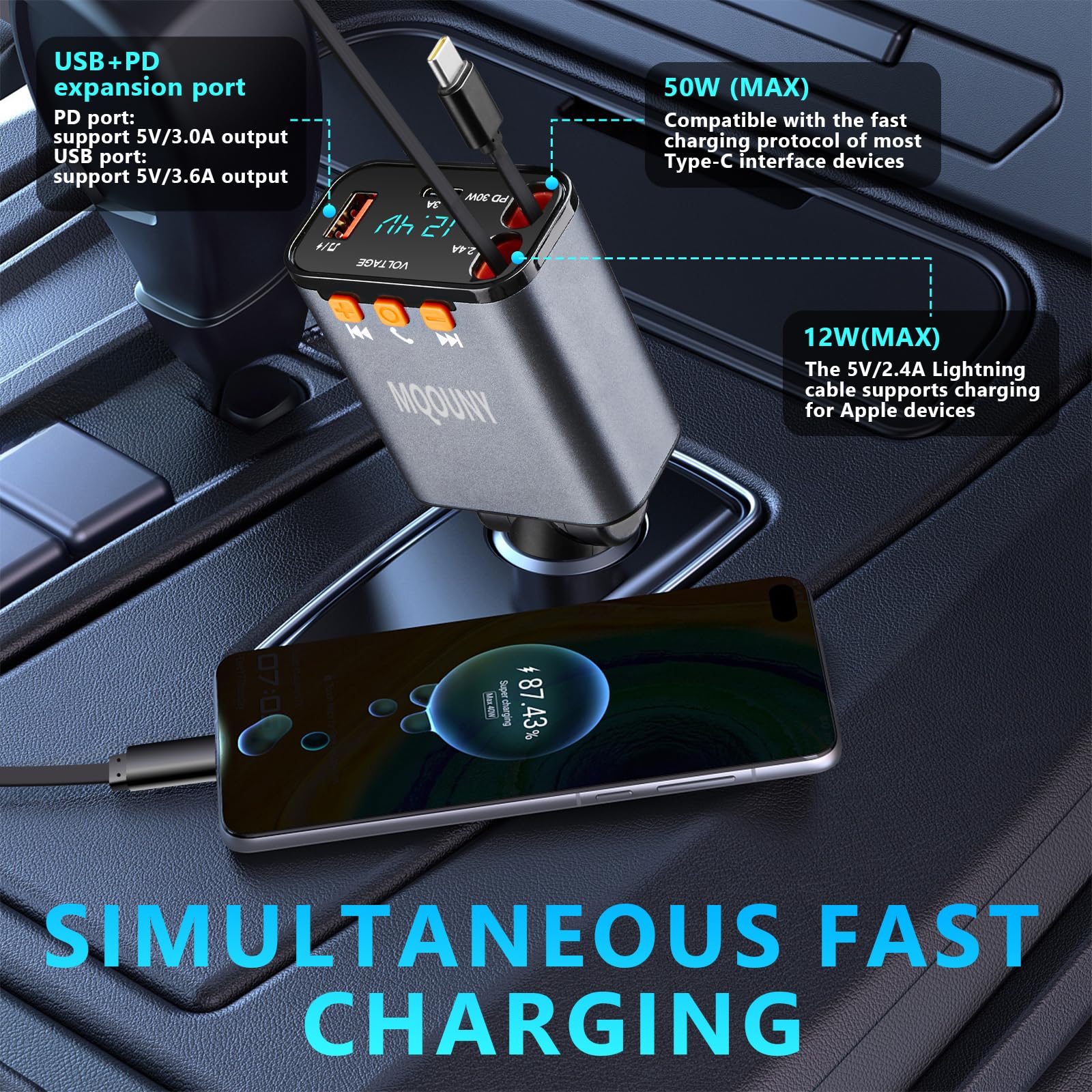 Retractable Car Charger,5 in 1 Fast Cars Phone Charger 60w,Bluetooth 5.3 FM Transmitter Adapter,Handsfree Call,MP3 Player,2 Retractable Cables and USB Chargers, for Phone,Galaxy,Pixel (Black) Black - Image 3