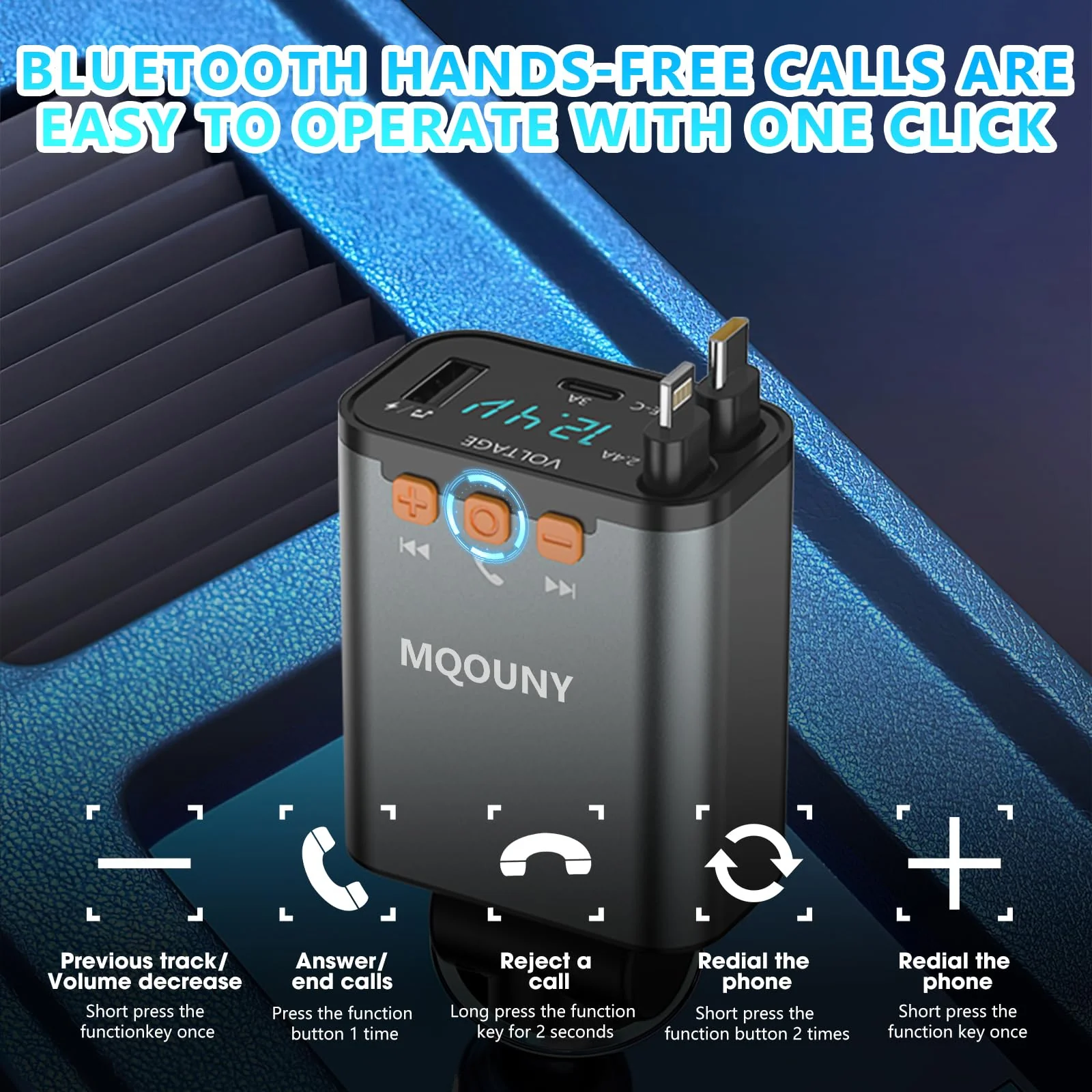Retractable Car Charger,5 in 1 Fast Cars Phone Charger 60w,Bluetooth 5.3 FM Transmitter Adapter,Handsfree Call,MP3 Player,2 Retractable Cables and USB Chargers, for Phone,Galaxy,Pixel (Black) Black - Image 4