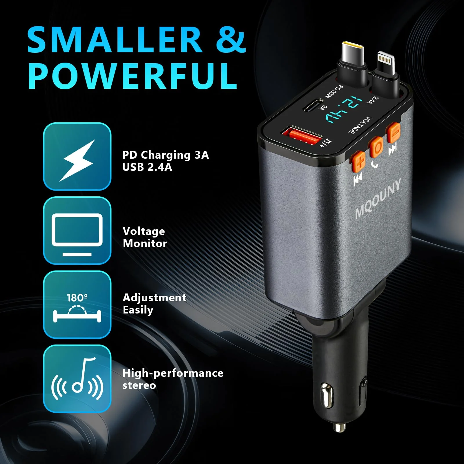 Retractable Car Charger,5 in 1 Fast Cars Phone Charger 60w,Bluetooth 5.3 FM Transmitter Adapter,Handsfree Call,MP3 Player,2 Retractable Cables and USB Chargers, for Phone,Galaxy,Pixel (Black) Black - Image 5