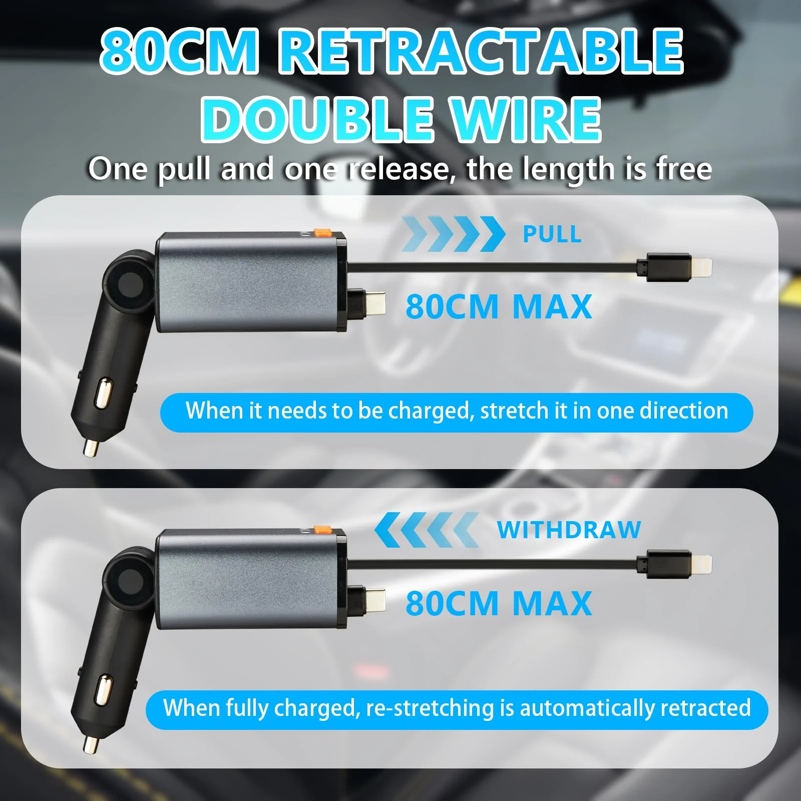 Retractable Car Charger,5 in 1 Fast Cars Phone Charger 60w,Bluetooth 5.3 FM Transmitter Adapter,Handsfree Call,MP3 Player,2 Retractable Cables and USB Chargers, for Phone,Galaxy,Pixel (Black) Black - Image 6