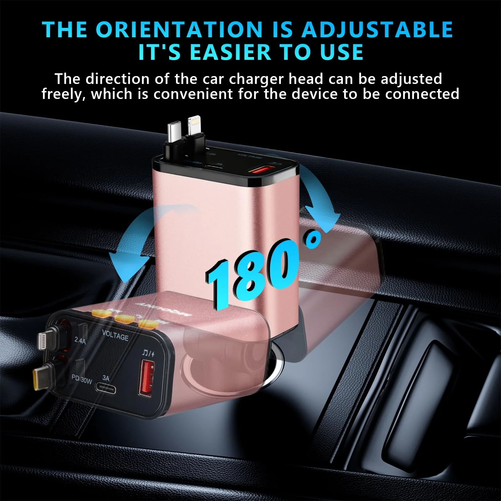 Retractable Car Charger,5 in 1 Fast Cars Phone Charger 60w,Bluetooth 5.3 FM Transmitter Adapter,Handsfree Call,MP3 Player,2 Retractable Cables and USB Chargers, for Phone,Galaxy,Pixel (Pink) Pink - Image 2