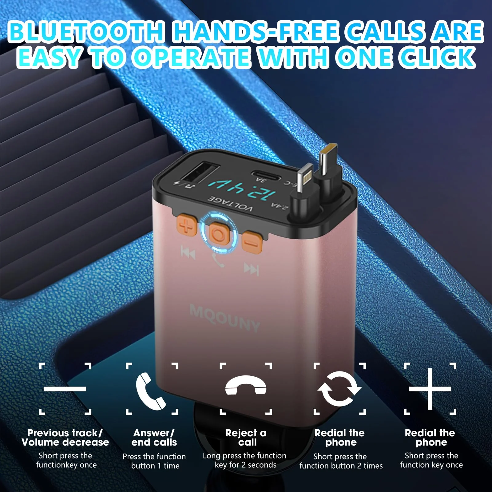 Retractable Car Charger,5 in 1 Fast Cars Phone Charger 60w,Bluetooth 5.3 FM Transmitter Adapter,Handsfree Call,MP3 Player,2 Retractable Cables and USB Chargers, for Phone,Galaxy,Pixel (Pink) Pink - Image 3