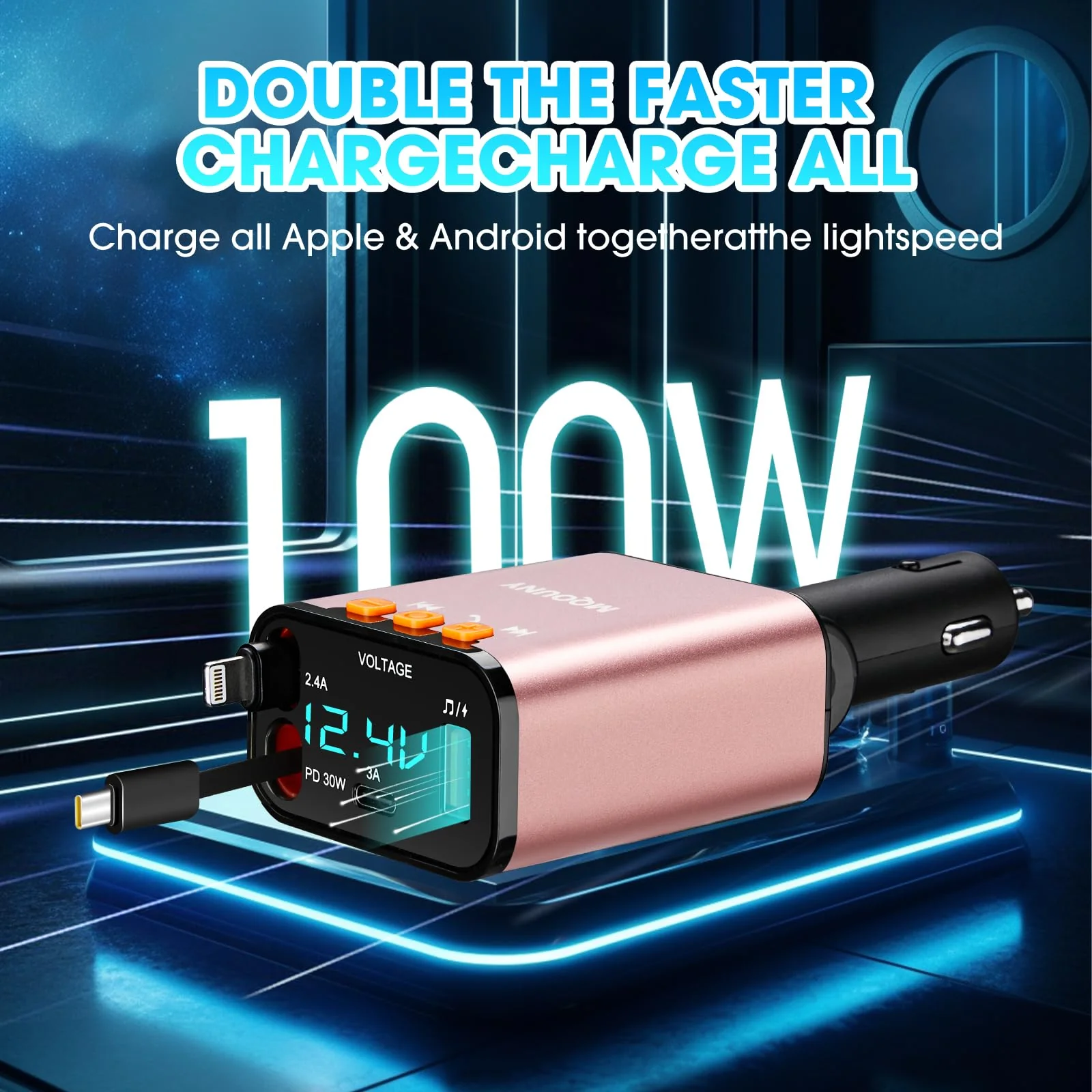 Retractable Car Charger,5 in 1 Fast Cars Phone Charger 60w,Bluetooth 5.3 FM Transmitter Adapter,Handsfree Call,MP3 Player,2 Retractable Cables and USB Chargers, for Phone,Galaxy,Pixel (Pink) Pink - Image 4