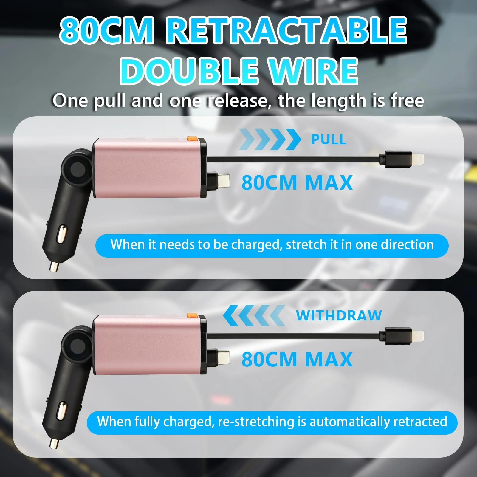 Retractable Car Charger,5 in 1 Fast Cars Phone Charger 60w,Bluetooth 5.3 FM Transmitter Adapter,Handsfree Call,MP3 Player,2 Retractable Cables and USB Chargers, for Phone,Galaxy,Pixel (Pink) Pink - Image 5