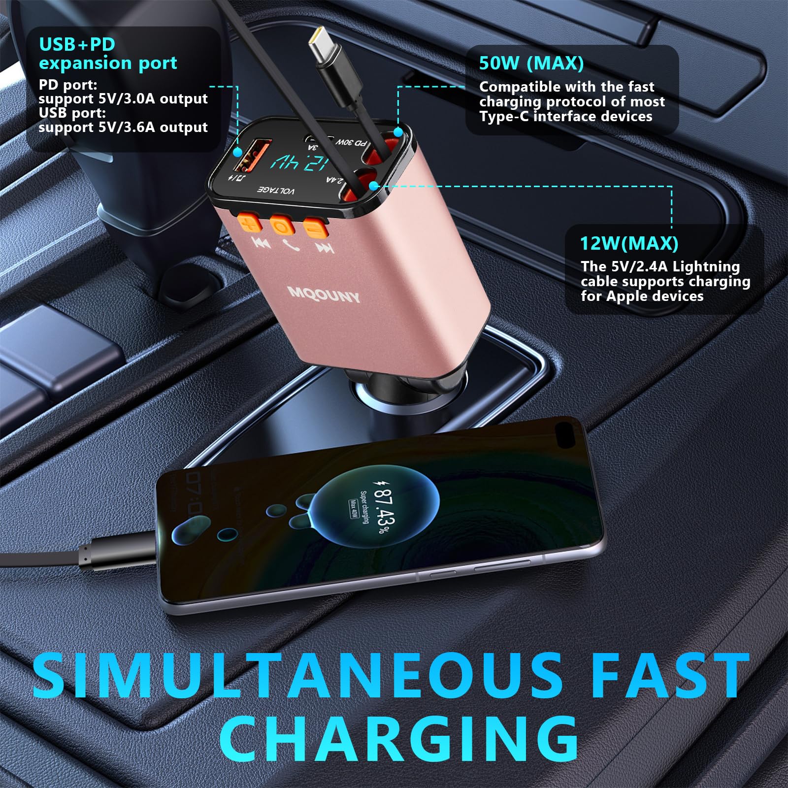 Retractable Car Charger,5 in 1 Fast Cars Phone Charger 60w,Bluetooth 5.3 FM Transmitter Adapter,Handsfree Call,MP3 Player,2 Retractable Cables and USB Chargers, for Phone,Galaxy,Pixel (Pink) Pink - Image 6