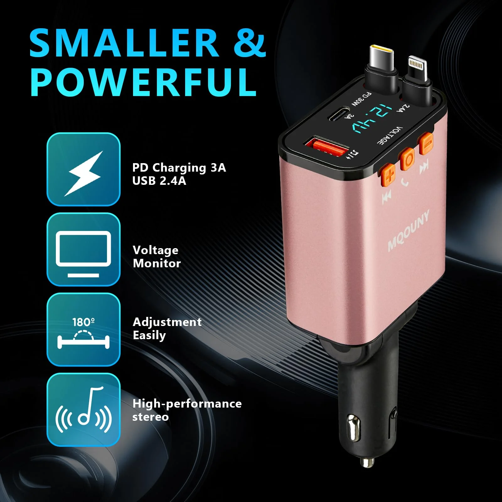 Retractable Car Charger,5 in 1 Fast Cars Phone Charger 60w,Bluetooth 5.3 FM Transmitter Adapter,Handsfree Call,MP3 Player,2 Retractable Cables and USB Chargers, for Phone,Galaxy,Pixel (Pink) Pink - Image 7