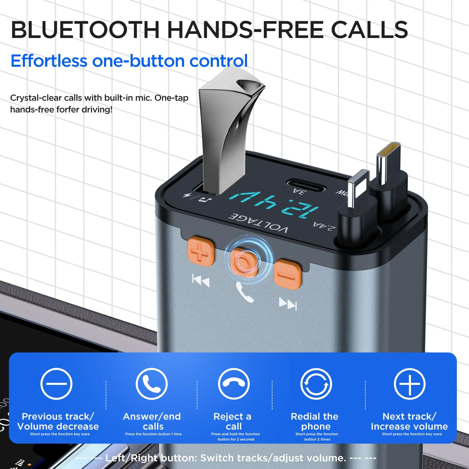 Retractable Car Charger,5 in 1 PD Car Phone Charger with Bluetooth 5.3 FM Transmitter,Handsfree Call and MP3 Player,2 Retractable Cables and USB Charging Adapter for Cars Phone,Galaxy,Pixel(Grey) Grey - Image 2