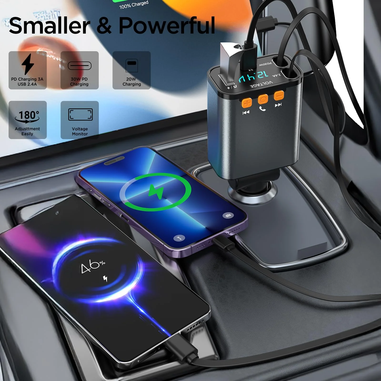 Retractable Car Charger,5 in 1 PD Car Phone Charger with Bluetooth 5.3 FM Transmitter,Handsfree Call and MP3 Player,2 Retractable Cables and USB Charging Adapter for Cars Phone,Galaxy,Pixel(Grey) Grey - Image 6