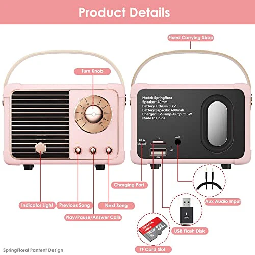 Retro Bluetooth Speaker, Portable Bluetooth Wireless Speaker, Hands-Free Call,400mA Battery,TF Card,Aux Line, for iPhone Android, Retro Decor for Home Office Birthday Gift Ideas Pink Blush Pink - Image 6