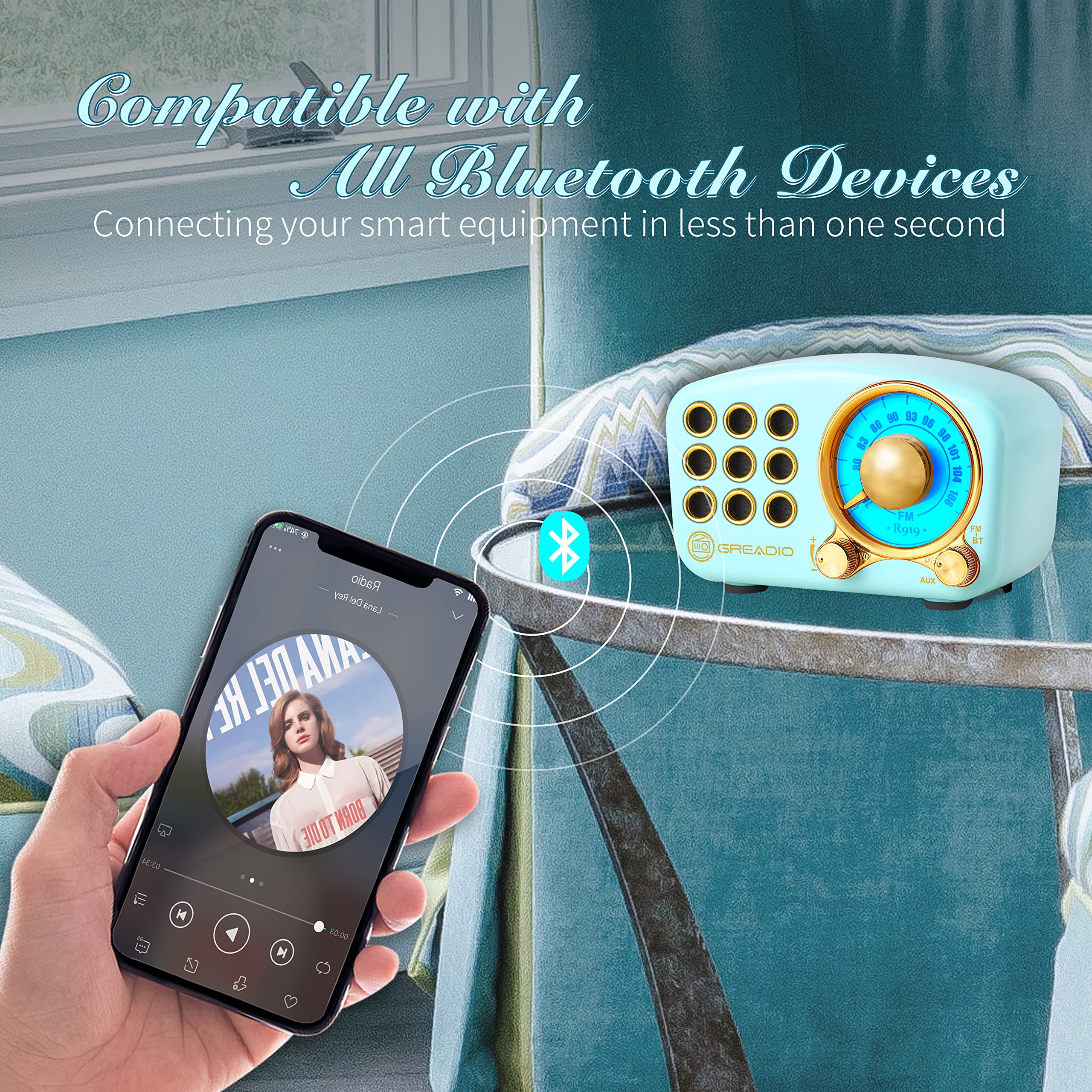 Retro Bluetooth Speaker, Vintage Radio-Greadio FM Radio with Old Fashioned Classic Style, Strong Bass Enhancement, Loud Volume, Bluetooth 5.0 Wireless Connection, TF Card and MP3 Player (Blue) Blue - Image 3
