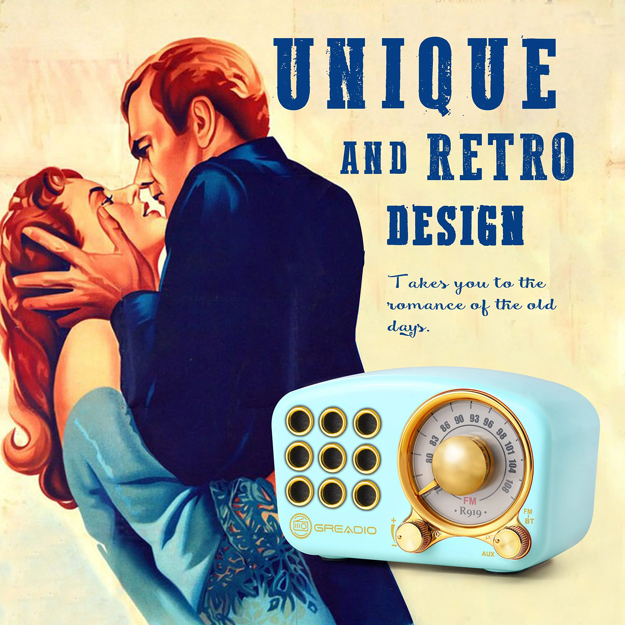 Retro Bluetooth Speaker, Vintage Radio-Greadio FM Radio with Old Fashioned Classic Style, Strong Bass Enhancement, Loud Volume, Bluetooth 5.0 Wireless Connection, TF Card and MP3 Player (Blue) Blue - Image 4
