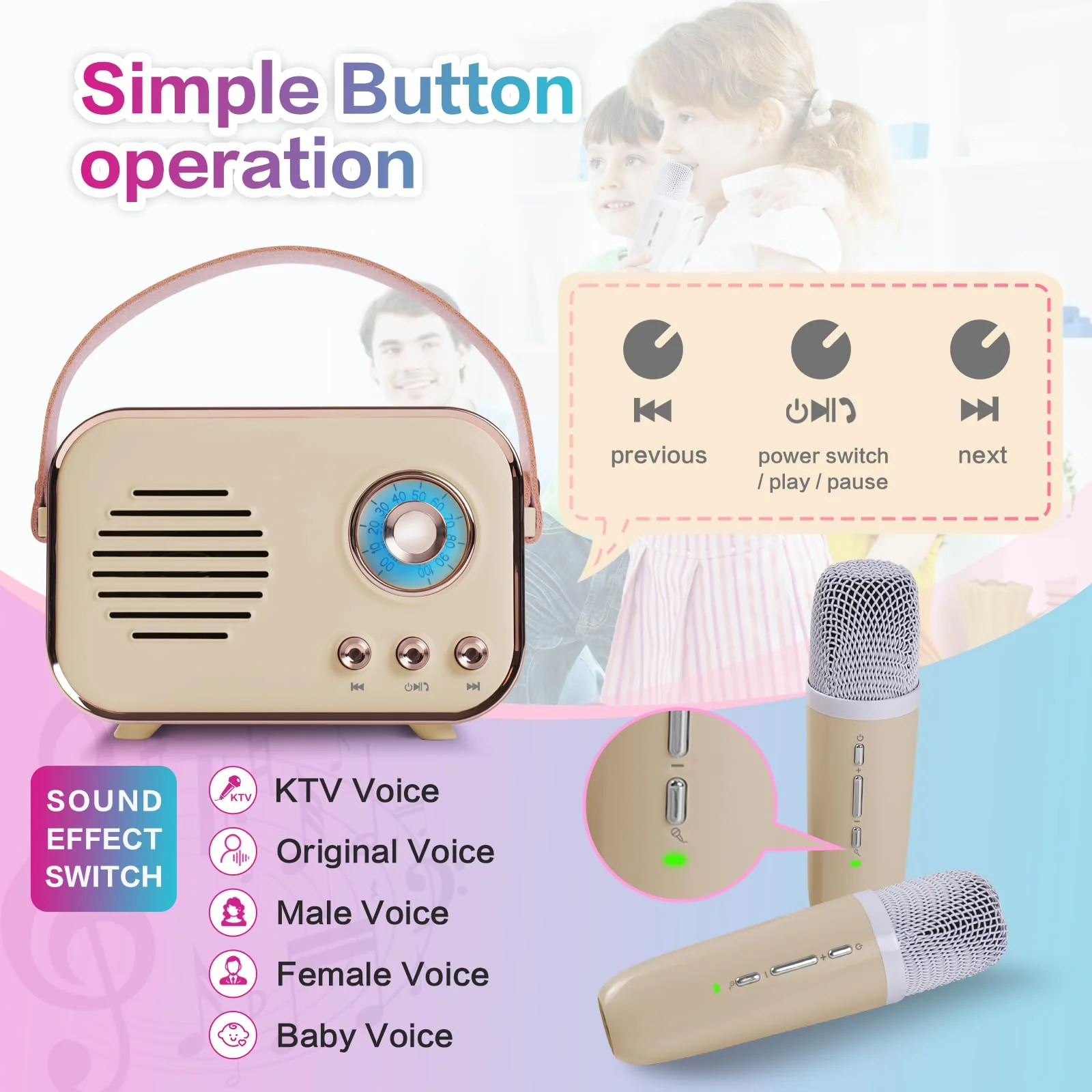 Retro Karaoke Machine,Mini Karaoke Machine with 2 Wireless Microphones,Portable Small Karaoke Set Toys for Kids and Adults,Cool Tech Gifts for Birthday Home Party Ideas (Beige 2 Mic) Beige 2 Mic - Image 3