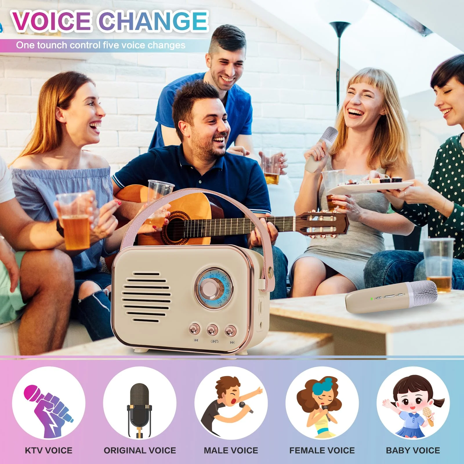 Retro Karaoke Machine,Mini Karaoke Machine with 2 Wireless Microphones,Portable Small Karaoke Set Toys for Kids and Adults,Cool Tech Gifts for Birthday Home Party Ideas (Beige 2 Mic) Beige 2 Mic - Image 4