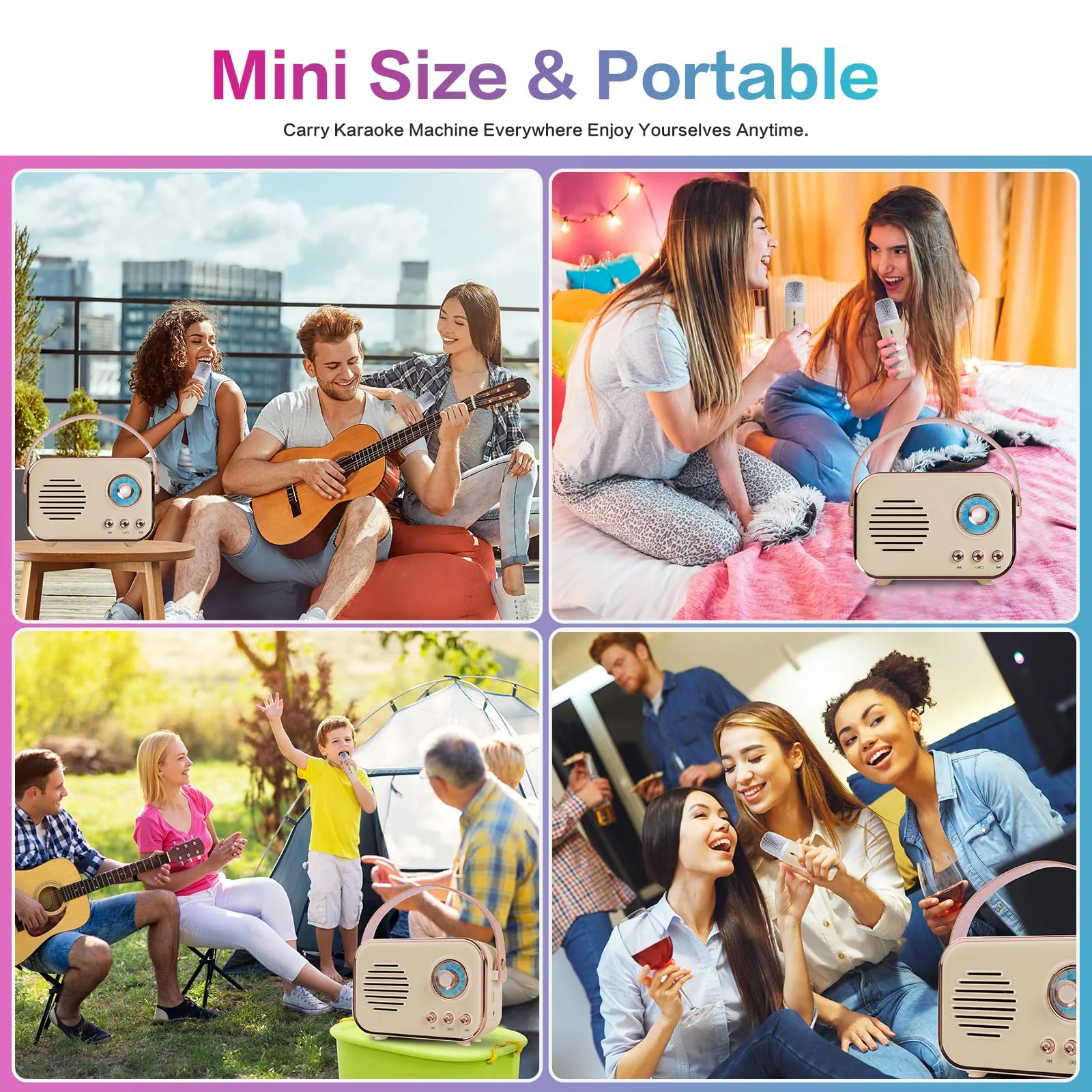 Retro Karaoke Machine,Mini Karaoke Machine with 2 Wireless Microphones,Portable Small Karaoke Set Toys for Kids and Adults,Cool Tech Gifts for Birthday Home Party Ideas (Beige 2 Mic) Beige 2 Mic - Image 5