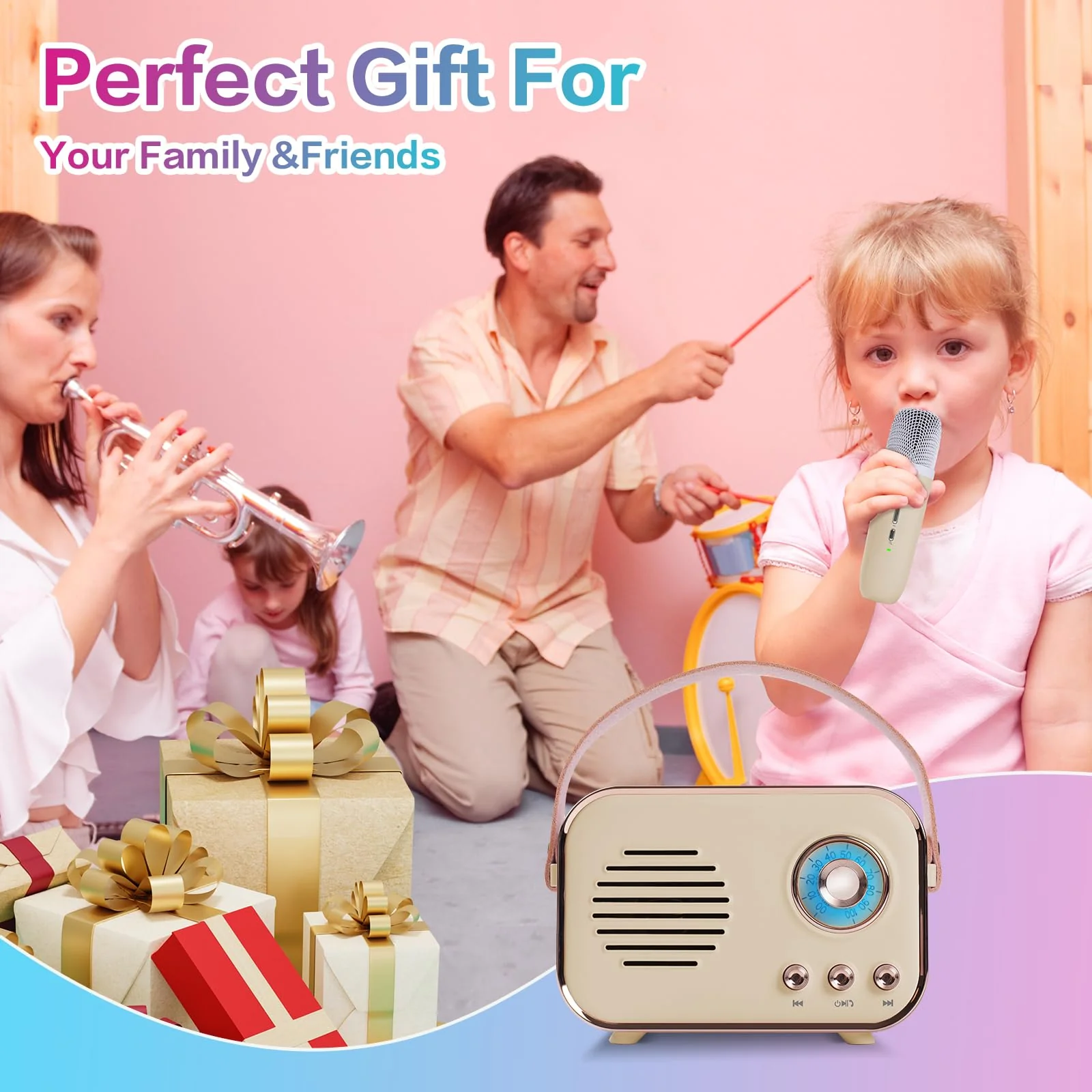 Retro Karaoke Machine,Mini Karaoke Machine with 2 Wireless Microphones,Portable Small Karaoke Set Toys for Kids and Adults,Cool Tech Gifts for Birthday Home Party Ideas (Beige 2 Mic) Beige 2 Mic - Image 6