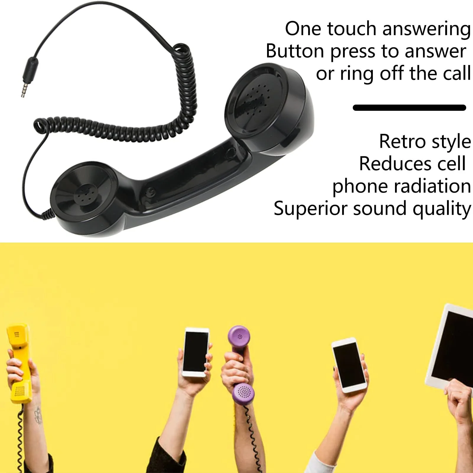 Retro Phone Handset, Phone Telephone Receiver, Multifunction Radiation Proof Handheld Cell Phone Receiver with 3.5mm Sound Plug for Mobile Phones Computers (Black) Black - Image 3