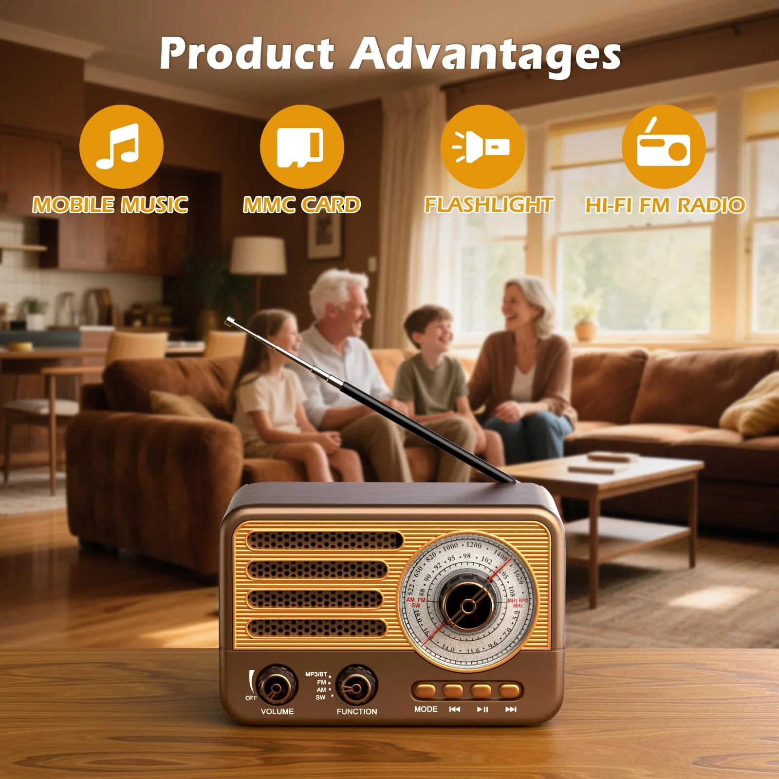 Retro Transistor Radio,Battery Powered AM FM SW,Small Rechargeable Portable Radio with 1800mAh Lithium-ion Battery,Support TF Card/Aux/USB MP3 Player Bronze - Image 2