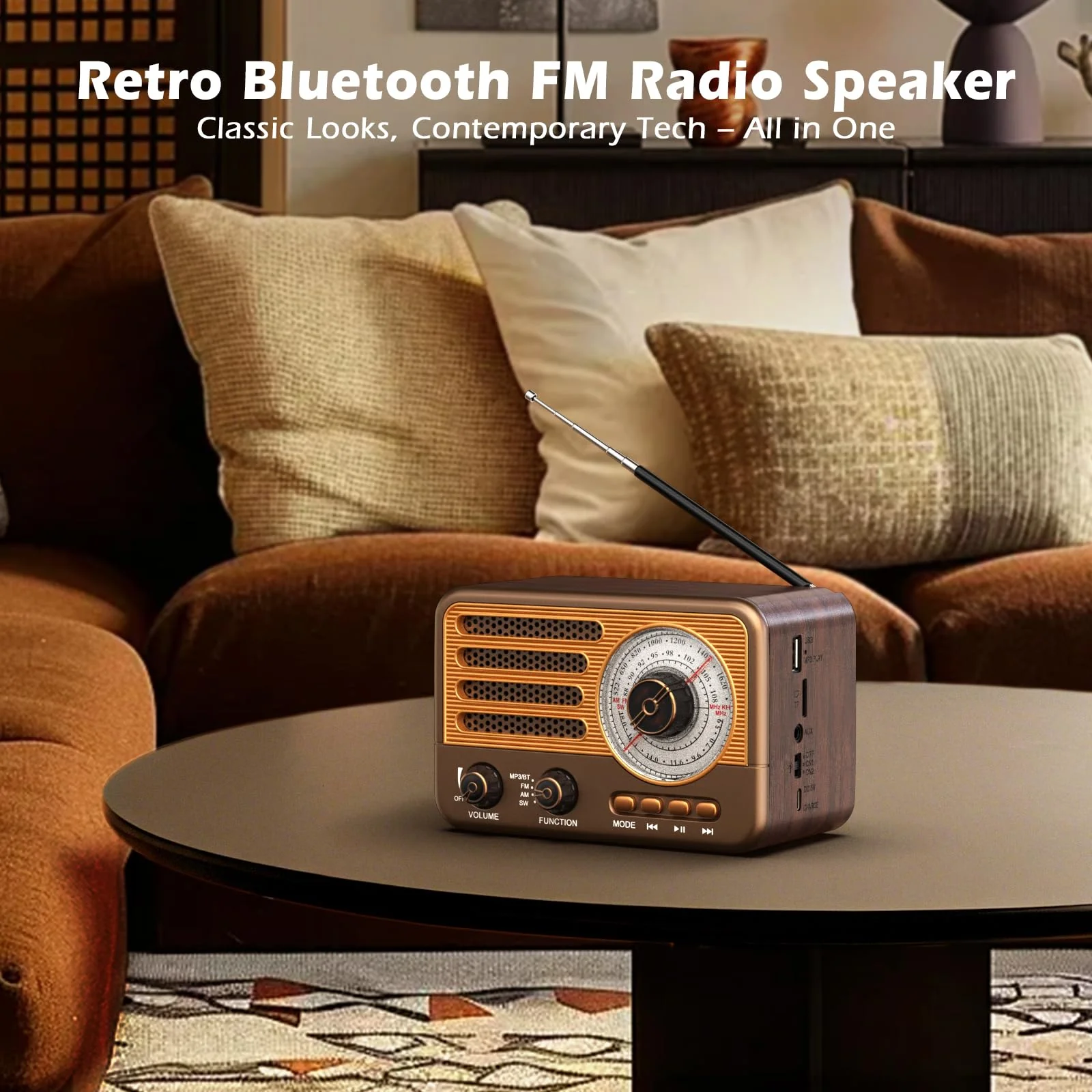 Retro Transistor Radio,Battery Powered AM FM SW,Small Rechargeable Portable Radio with 1800mAh Lithium-ion Battery,Support TF Card/Aux/USB MP3 Player Bronze - Image 3