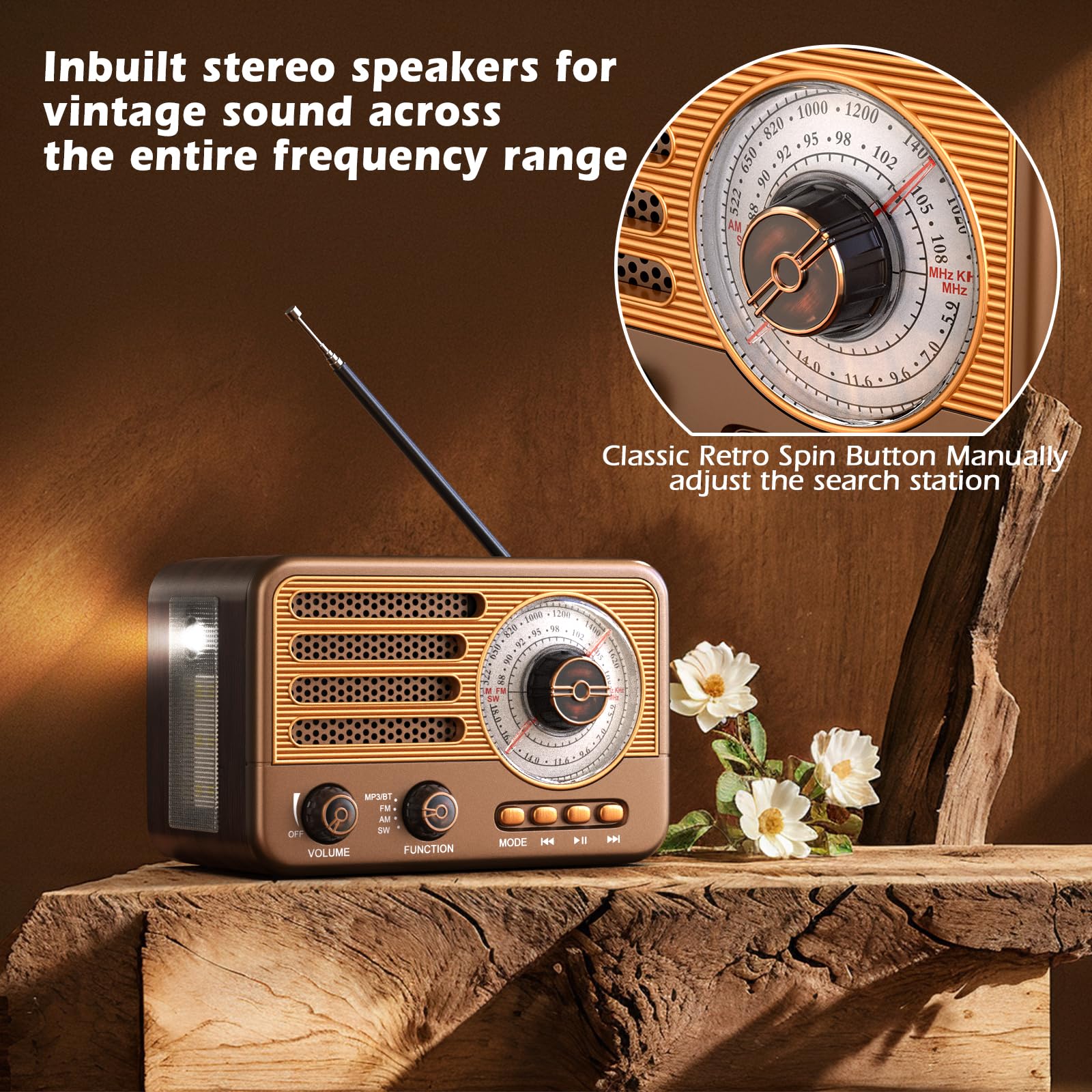 Retro Transistor Radio,Battery Powered AM FM SW,Small Rechargeable Portable Radio with 1800mAh Lithium-ion Battery,Support TF Card/Aux/USB MP3 Player Bronze - Image 5