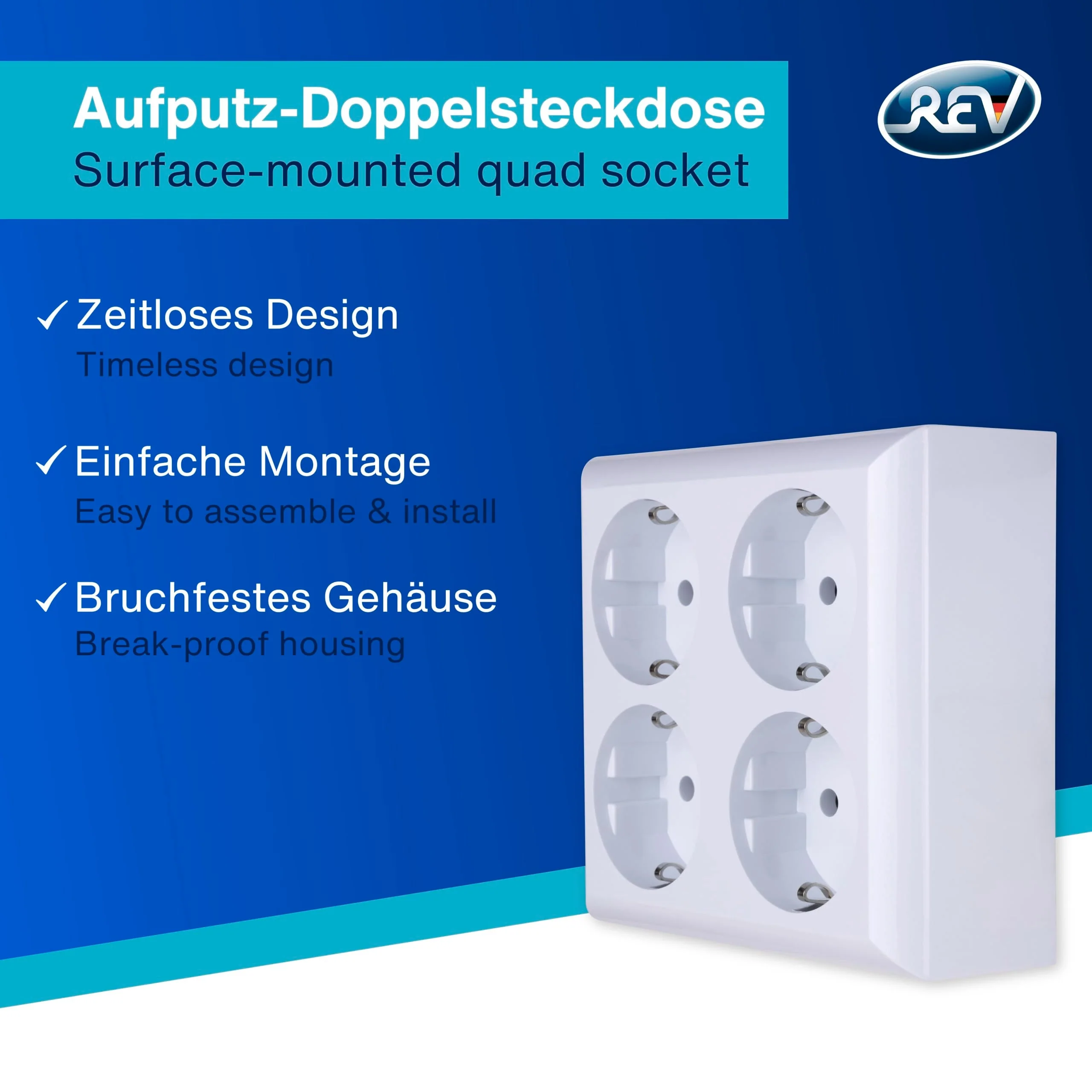 REV 0510172555 PlanoLuxe, surface-mounted socket 4-way Complete set: Frame and insert, white 1 x quadruple socket - Image 2