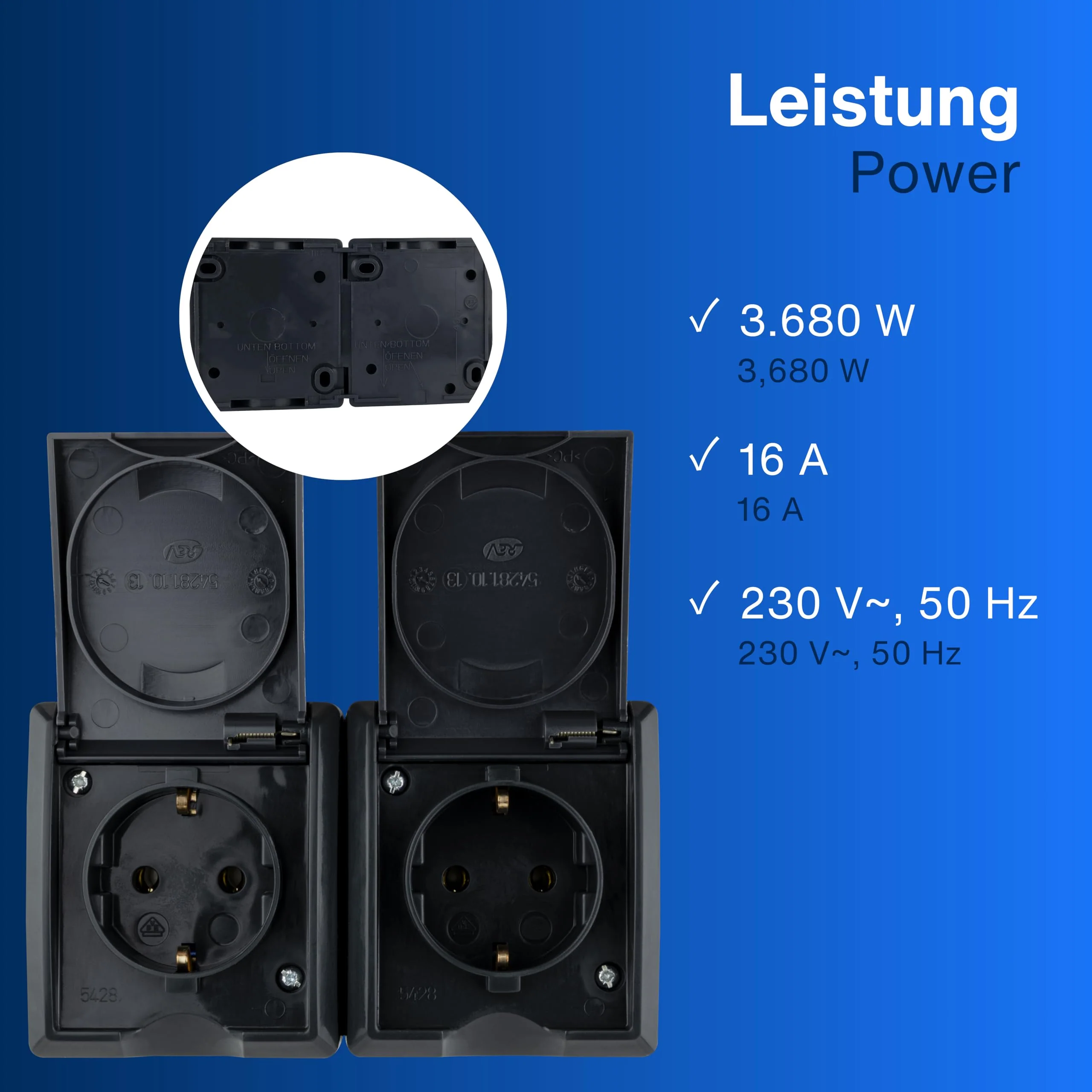 REV AquaForm Double Socket Wet Room Socket IP44 Surface-Mounted Anthracite 1 x horizontal double socket - Image 7