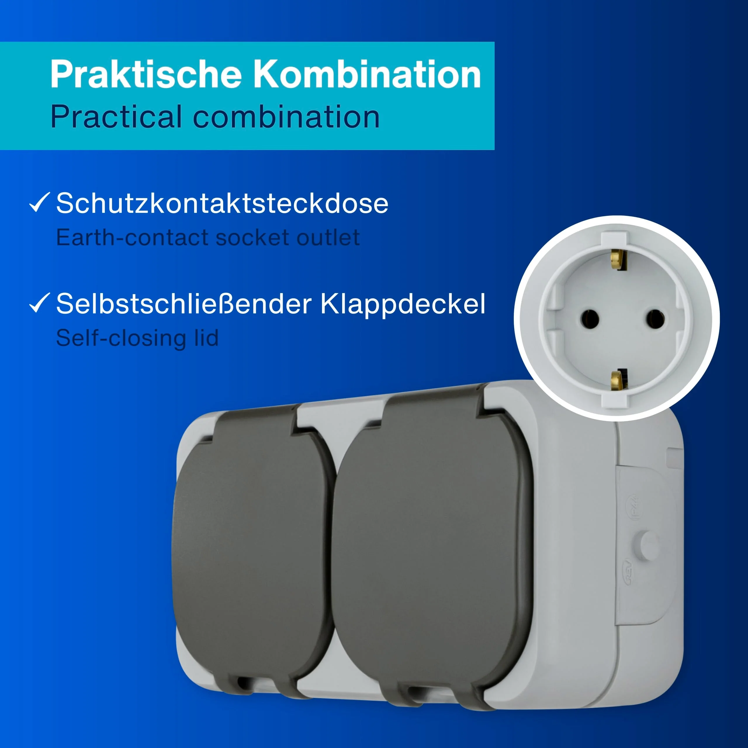 REV AquaTop Wet Room Socket, IP44, Single Pole, Pre-Wired, Surface-Mounted, Grey 2-way socket pre-wired - Image 3