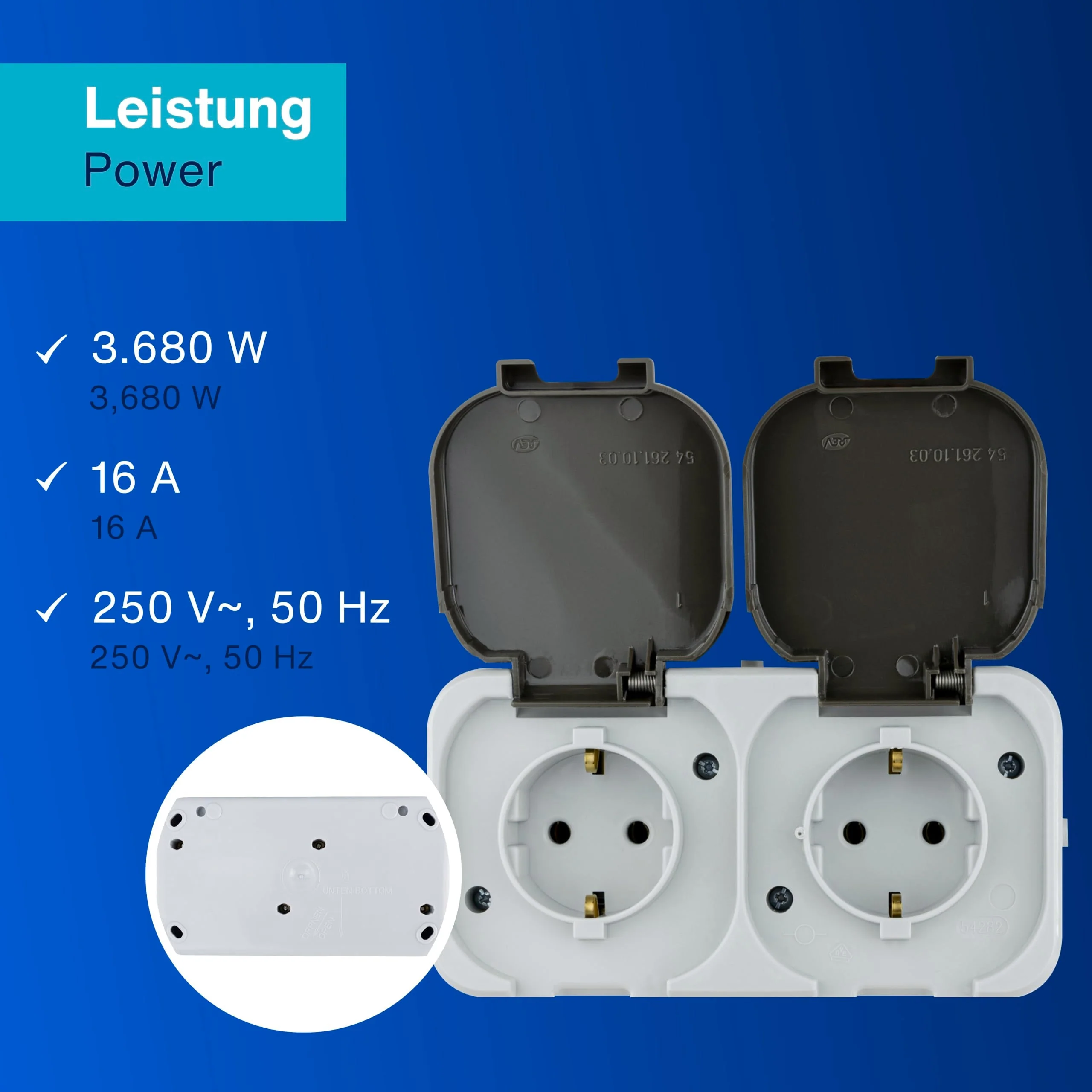 REV AquaTop Wet Room Socket, IP44, Single Pole, Pre-Wired, Surface-Mounted, Grey 2-way socket pre-wired - Image 7
