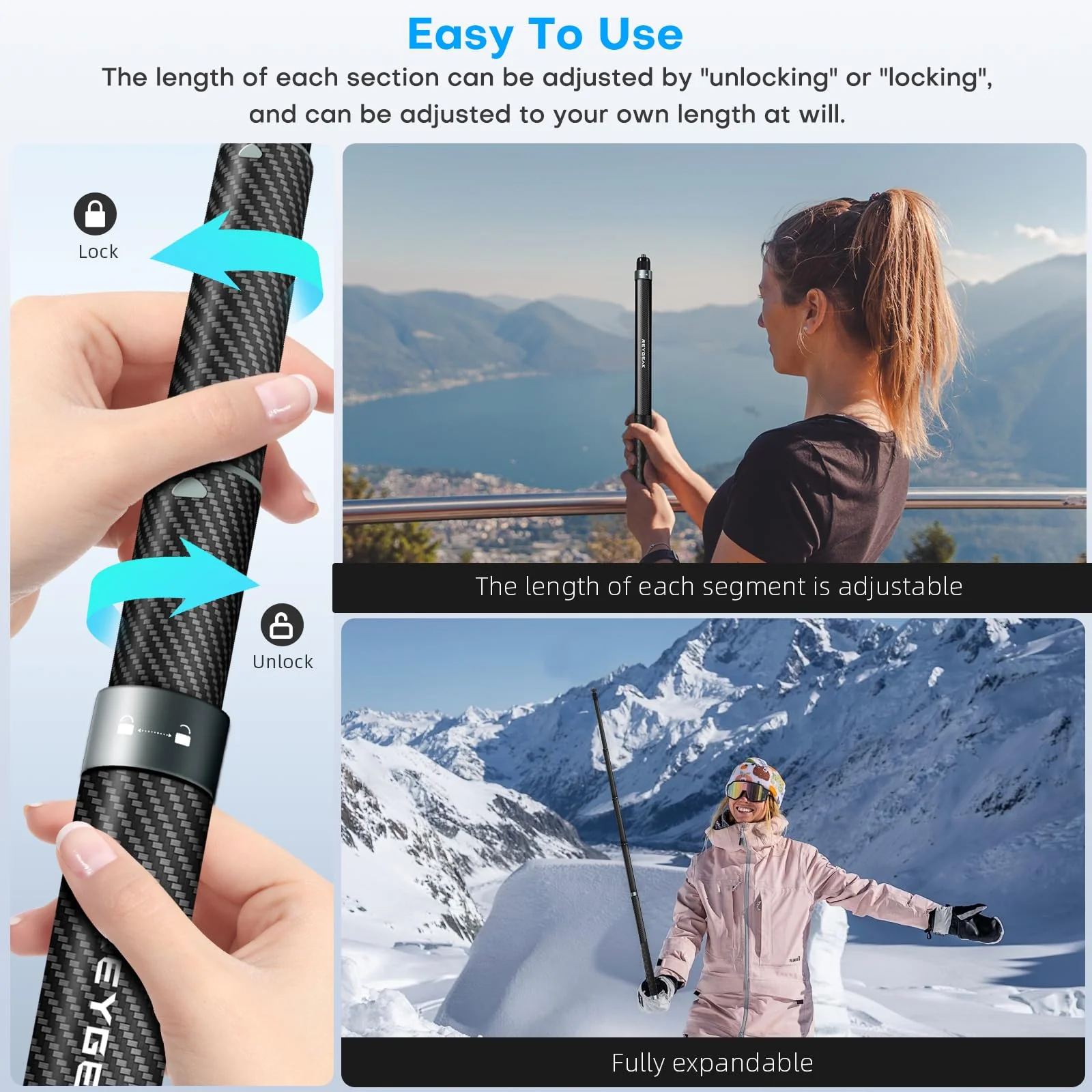 REYGEAK Selfie Stick for Insta360 X4,59 Inch/150cm long Invisible Selfie Pole with 1/4 screw thread,Carbon Fiber Waterproof Extension Monopod for Insta360 X4/X3/X2/ONE/ONE RS/ONE X/ONE R. - Image 3