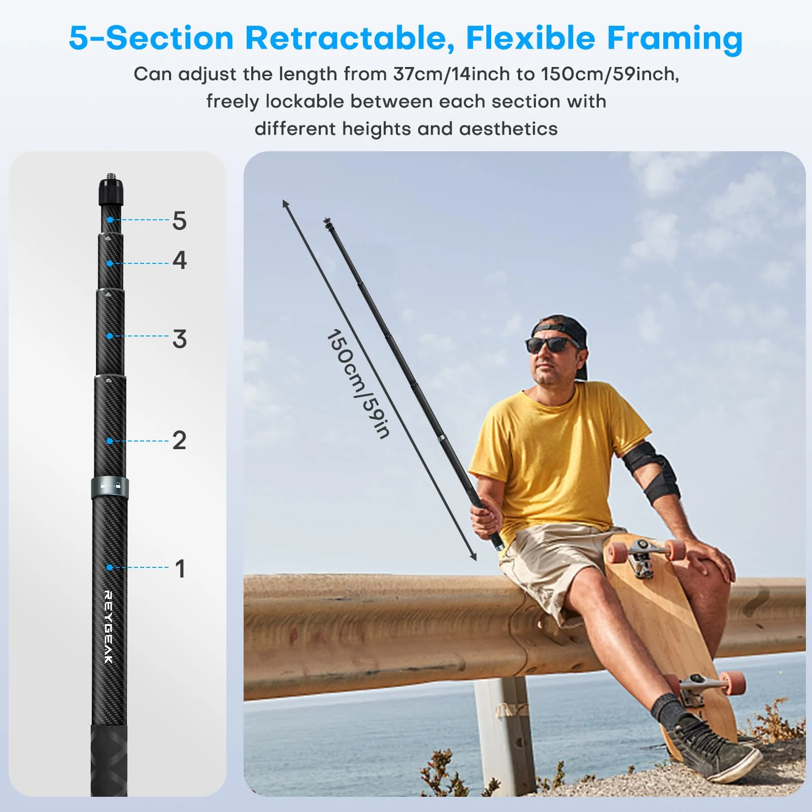 REYGEAK Selfie Stick for Insta360 X4,59 Inch/150cm long Invisible Selfie Pole with 1/4 screw thread,Carbon Fiber Waterproof Extension Monopod for Insta360 X4/X3/X2/ONE/ONE RS/ONE X/ONE R. - Image 5