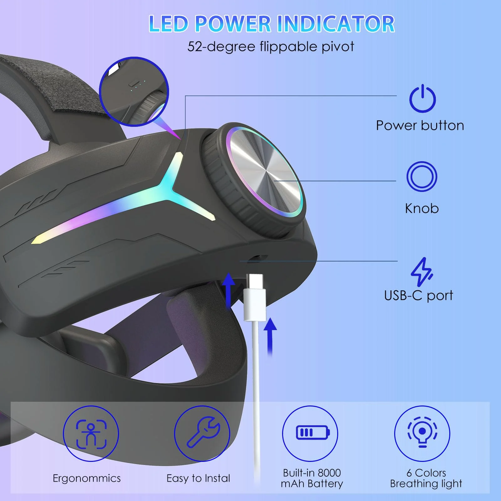 RGB Light Head Strap with Battery for Meta Quest 3, MLemonVR Battery Pack Head Strap Accessories for Oculus Quest 3, PD Fast Charging Enhance Gaming Time, (for quest 3, Black) - Image 3