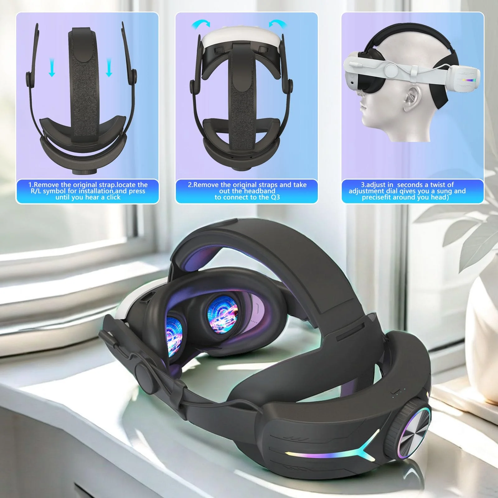 RGB Light Head Strap with Battery for Meta Quest 3, MLemonVR Battery Pack Head Strap Accessories for Oculus Quest 3, PD Fast Charging Enhance Gaming Time, (for quest 3, Black) - Image 4