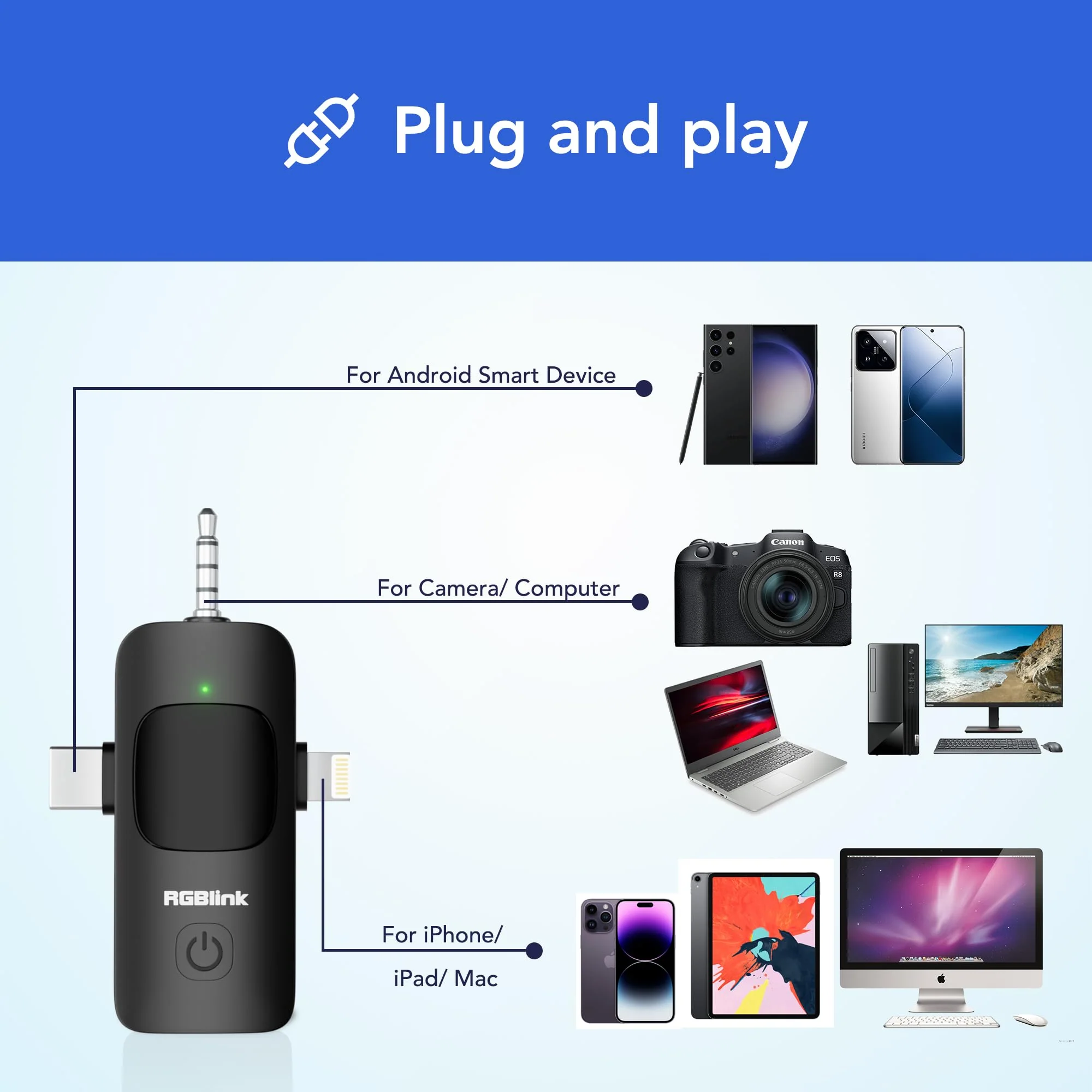 RGBlink Wireless Lavalier Microphone 3 in 1 Mini Microphone Lapel Mic, Plug & Play Compatible with Android, DSLR Camera and Laptop Recording, Live Streaming, YouTube, TikTok, Interview 3-in-1 Microphone - Image 2