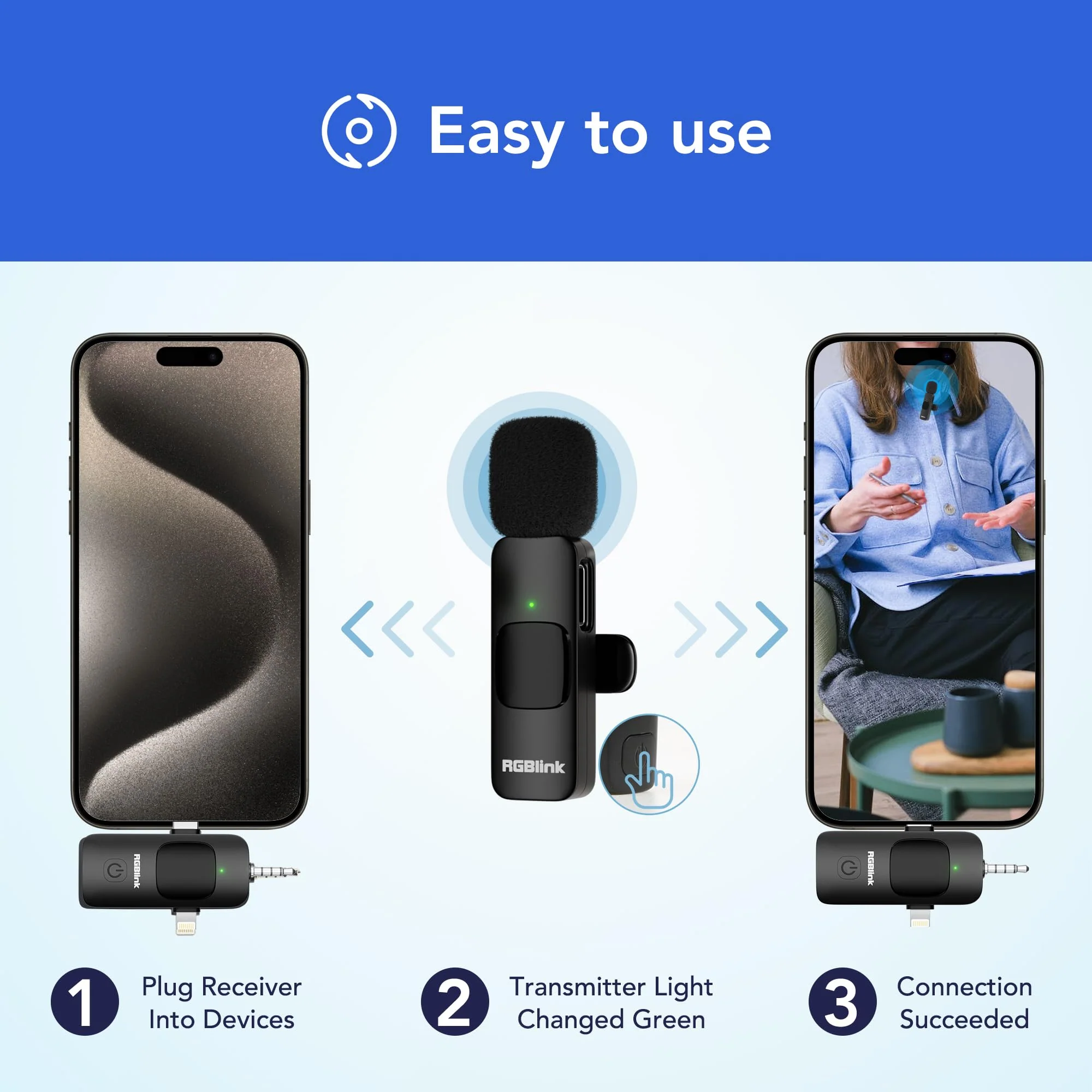RGBlink Wireless Lavalier Microphone 3 in 1 Mini Microphone Lapel Mic, Plug & Play Compatible with Android, DSLR Camera and Laptop Recording, Live Streaming, YouTube, TikTok, Interview 3-in-1 Microphone - Image 3