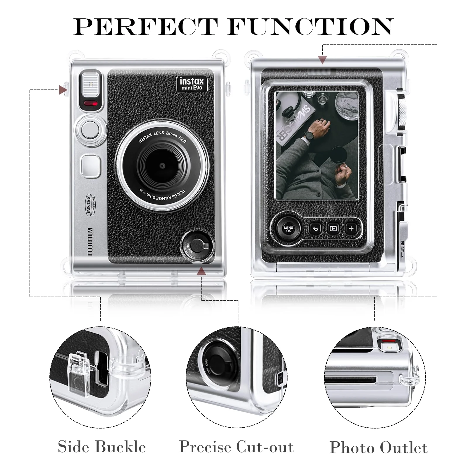 Rieibi Accessories for Fujifilm Instax Mini Evo Instant Camera, Christmas Gift Bundle Includes Clear Instax Mini Evo Case & Lens Cap with Anti-Loss String 3 accessories - Image 3