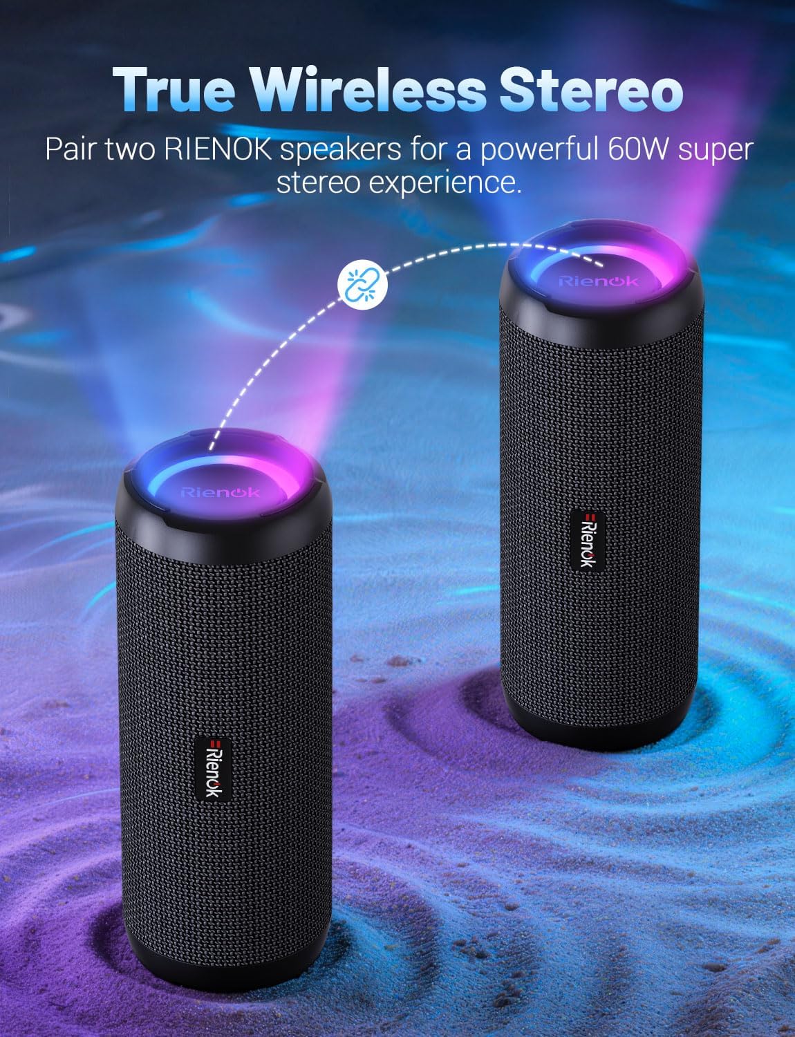 RIENOK Portable Bluetooth Speaker 30W Dual Pairing True Wireless Stereo HD Sound IPX7 Waterproof Outdoor Sport Shower Wireless Speaker Bluetooth 5.3 for Home Party Black 3600mAh - Image 4