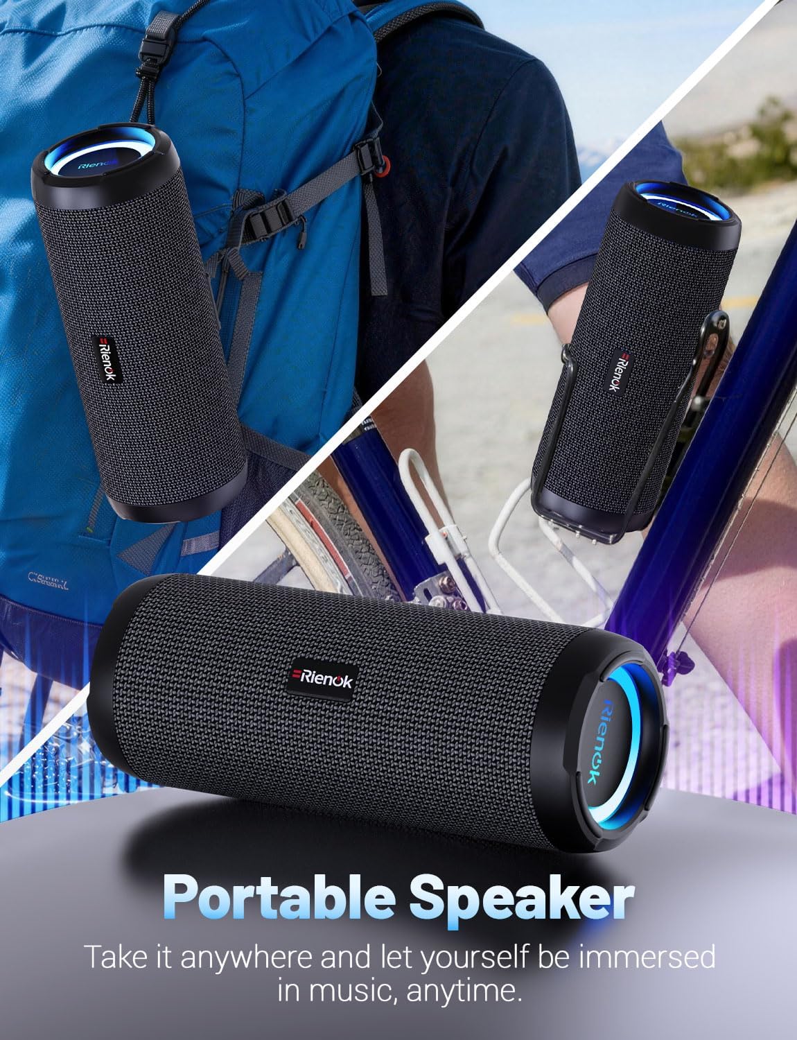 RIENOK Portable Bluetooth Speaker 30W Dual Pairing True Wireless Stereo HD Sound IPX7 Waterproof Outdoor Sport Shower Wireless Speaker Bluetooth 5.3 for Home Party Black 3600mAh - Image 6