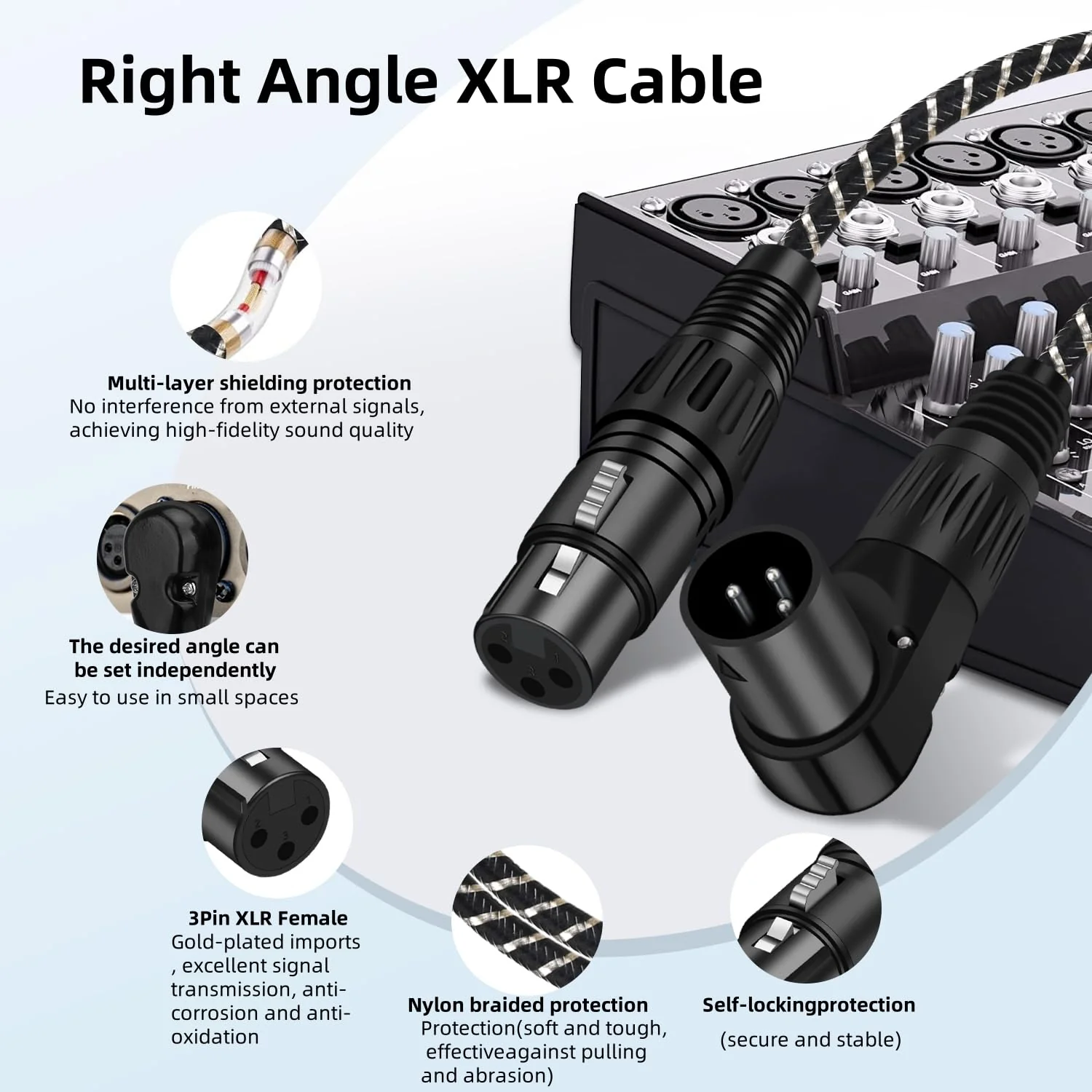 Right Angle XLR Cable,2-Pack Adjustable-Angle Male to Straight Female Microphone Cable,Short XLR Microphone Cable 90 Degree Adapter for Mic Mixer, Recording Studio, Podcast-1FT Angle Male-1FT Black - Image 6