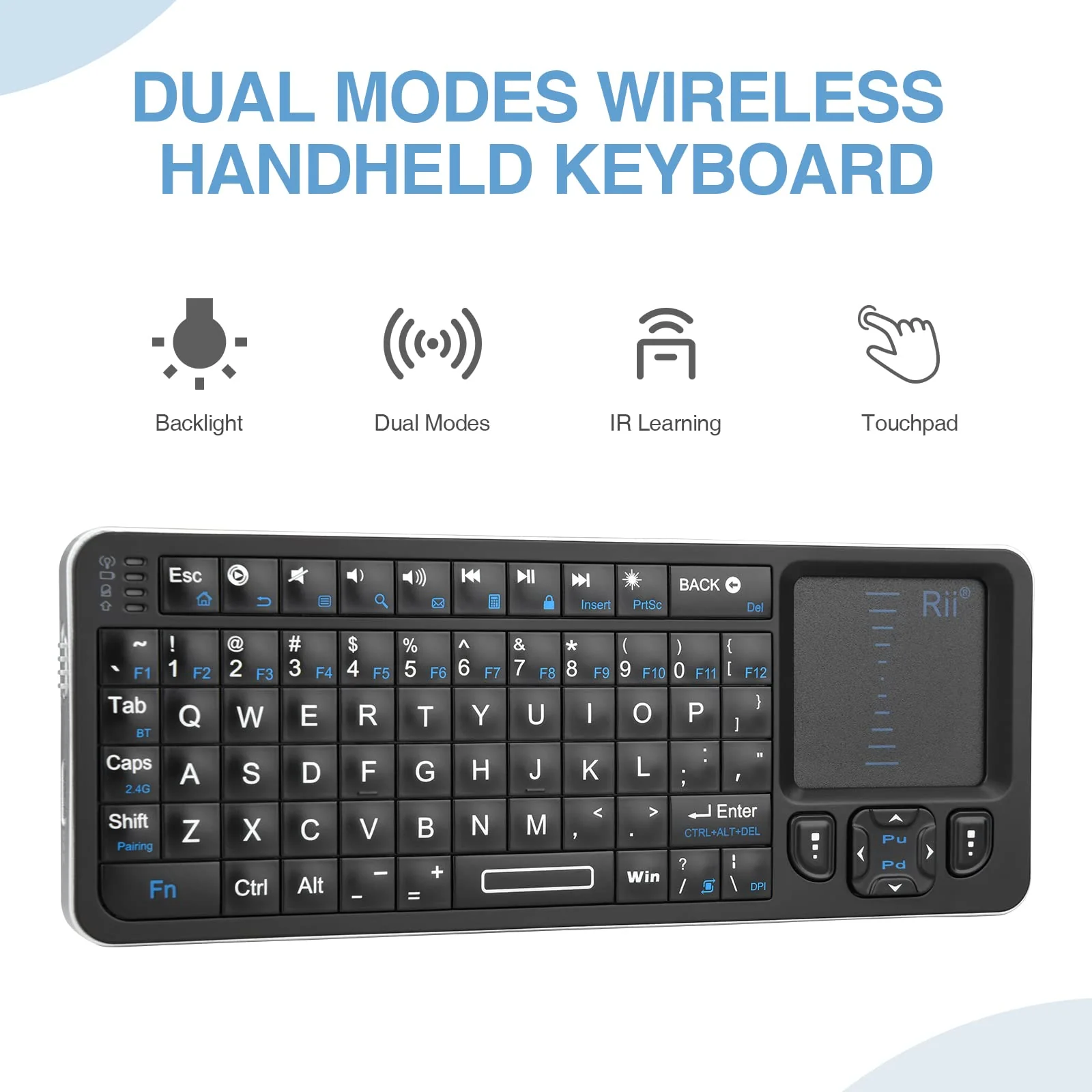 Rii K06 Mini Bluetooth Keyboard,Backlit 2.4GHz Wireless Keyboard with IR Learning, Portable Lightweight with Touchpad Compatible with Android TV Box/Mac/Windows/HTPC/IPTV (2.4G and Bluetooth) - Image 2