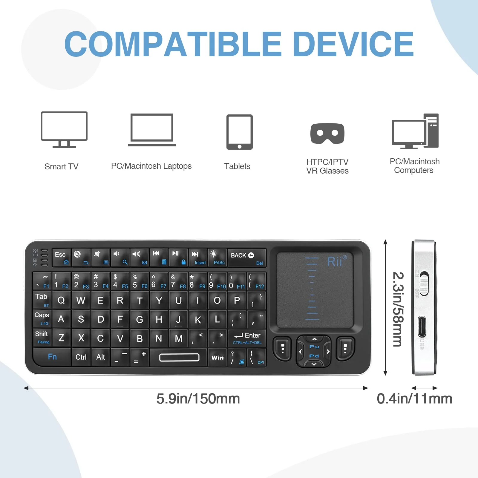 Rii K06 Mini Bluetooth Keyboard,Backlit 2.4GHz Wireless Keyboard with IR Learning, Portable Lightweight with Touchpad Compatible with Android TV Box/Mac/Windows/HTPC/IPTV (2.4G and Bluetooth) - Image 6
