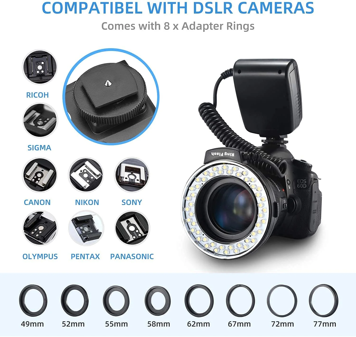 Ring Flash, Emiral 48 Macro LED Flash Light with LCD Display Power Control, Adapter Rings and Flash Diffuser for Canon, Nikon DSLR Cameras - Image 3